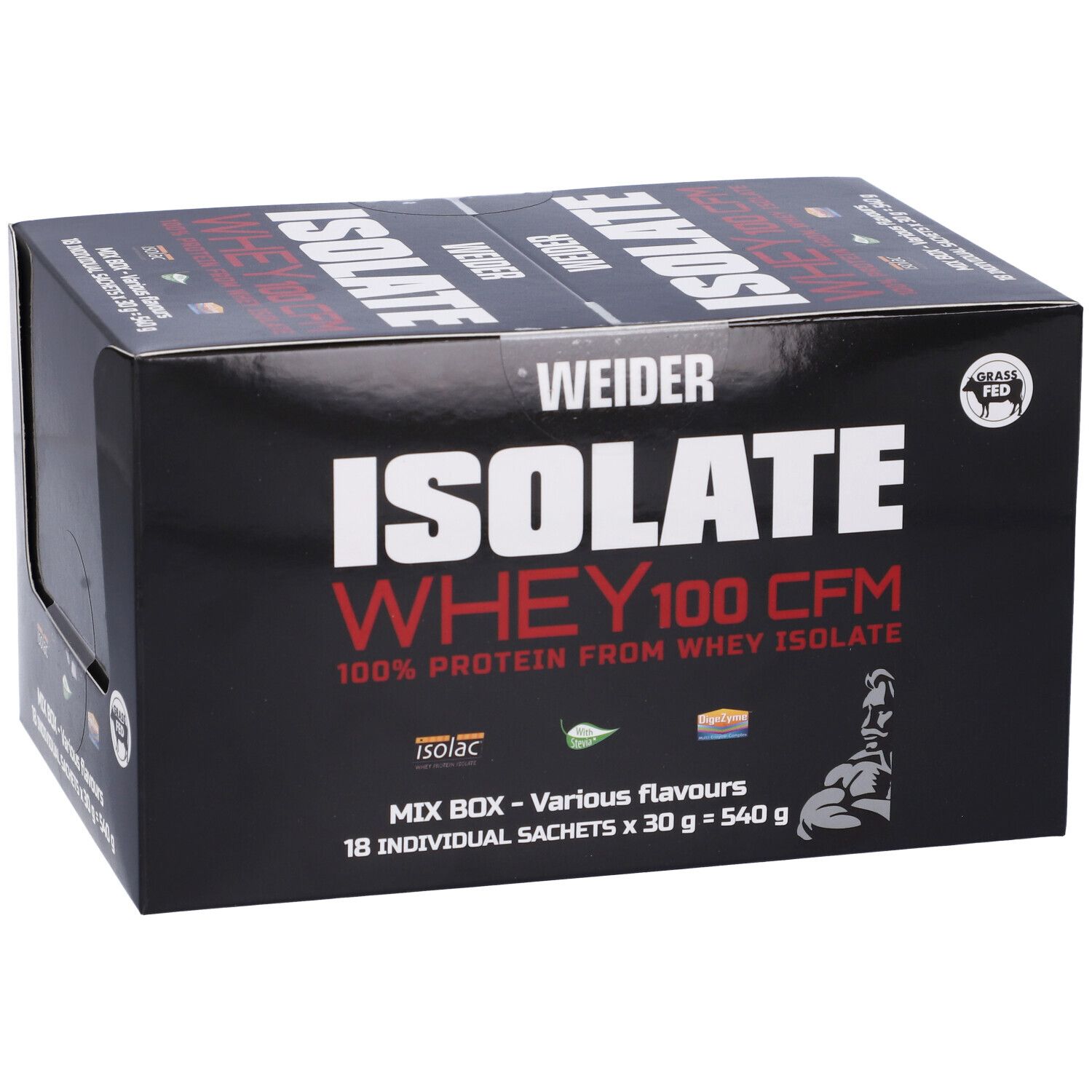 Scatola nera Weider Isolate Whey 100 CFM. Contiene 18 bustine. Scritte: Isolate, Whey, 100% proteine, Mix Box, Grass Fed.