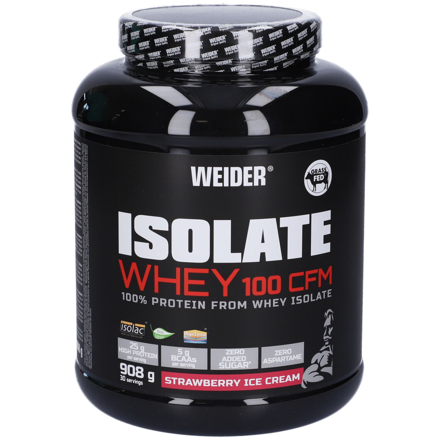 Barattolo nero con scritta WEIDER ISOLATE WHEY 100 CFM. Gusto gelato alla fragola. Contiene 908g. 25g proteine, 5g BCAA.