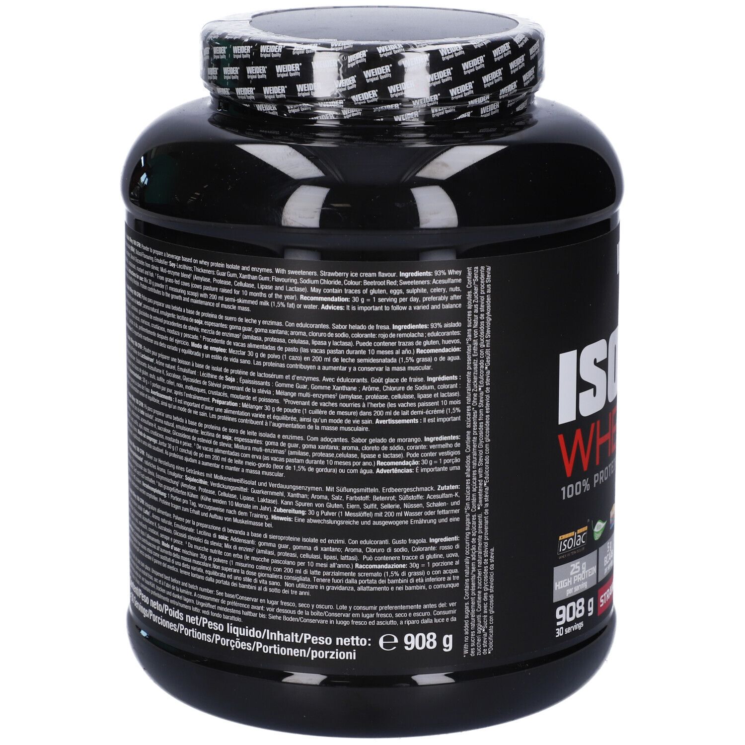 Retro del barattolo nero con testo. Contiene informazioni su ingredienti, valori nutrizionali e produttore. Peso: 908g.