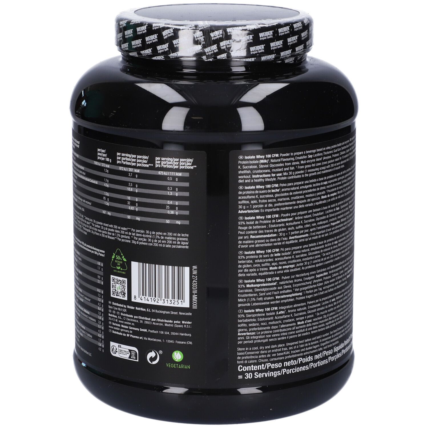 Retro del barattolo nero con testo e informazioni nutrizionali. Contiene informazioni su ingredienti e produttore. Con codice a barre.