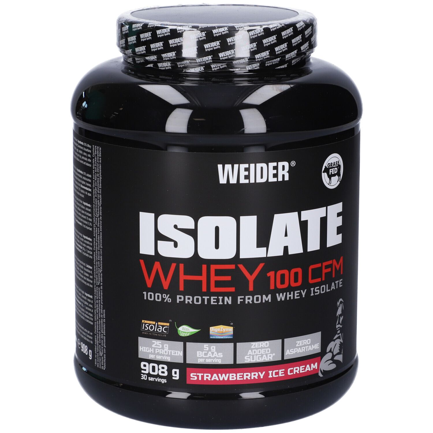 Barattolo nero con scritta WEIDER ISOLATE WHEY 100 CFM. Gusto gelato alla fragola. Contiene 908g. 25g proteine, 5g BCAA.