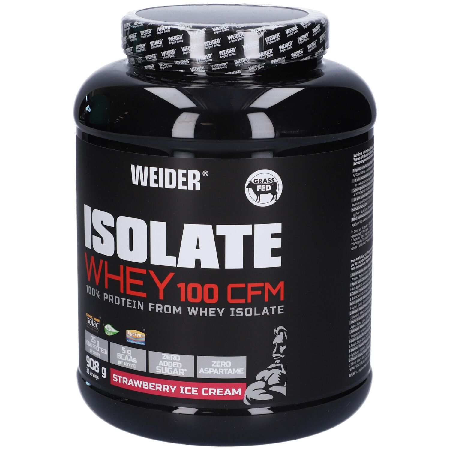 Barattolo nero con scritta WEIDER ISOLATE WHEY 100 CFM. Gusto gelato alla fragola. Contiene 908g. 25g proteine, 5g BCAA.