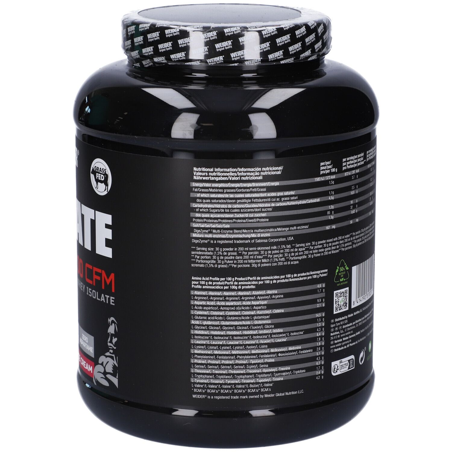 Retro del barattolo nero con testo. Contiene informazioni su ingredienti, valori nutrizionali e produttore. Peso: 908g.