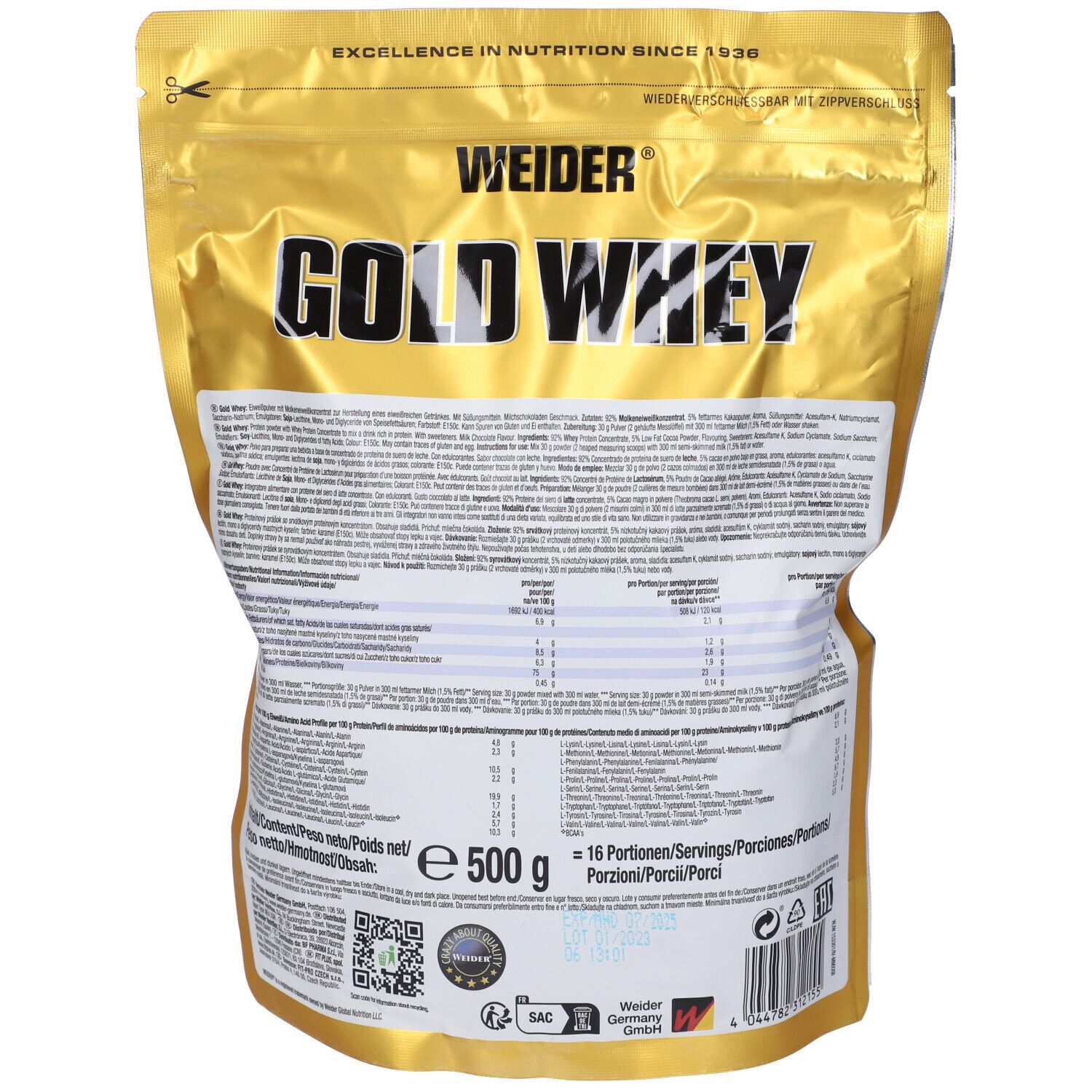 Retro della confezione di Gold Whey Milk Chocolate Flavour. Confezione dorata con informazioni nutrizionali e codice a barre. 500g.