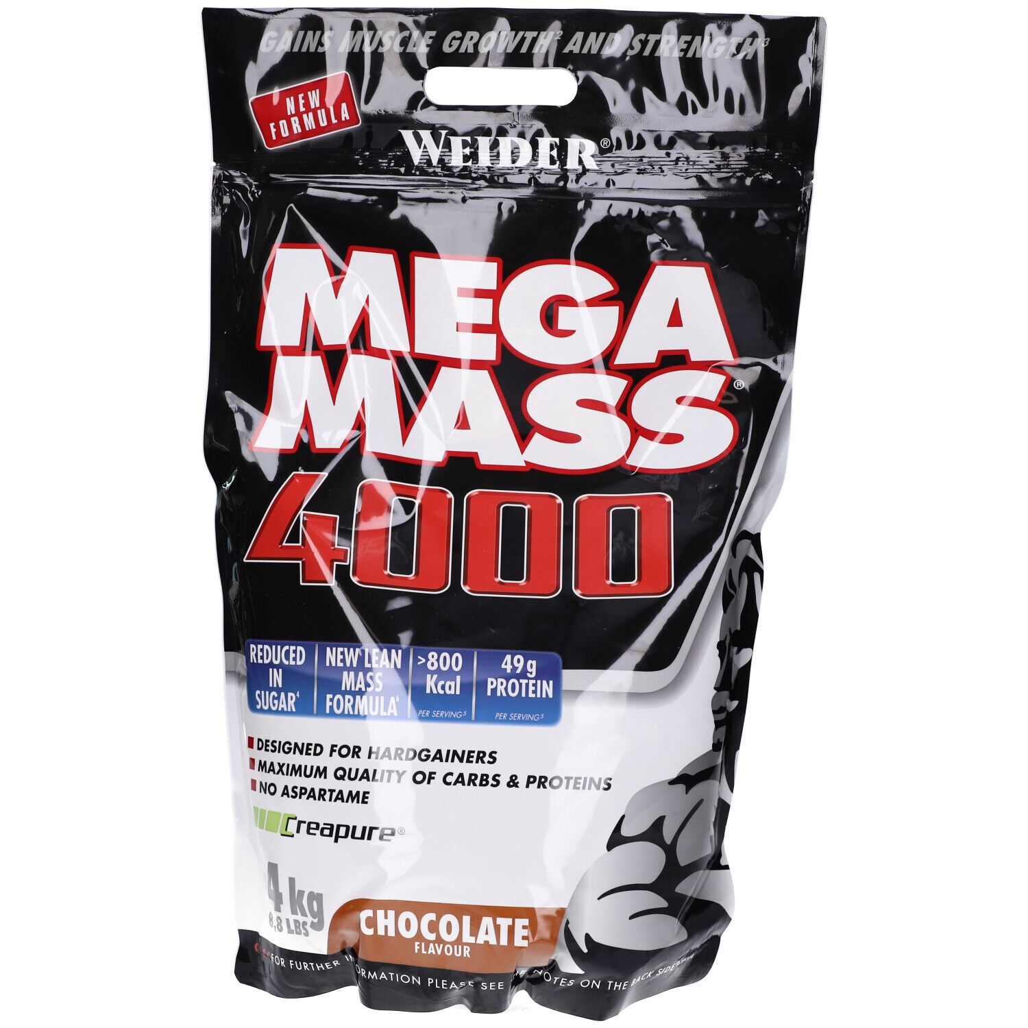 Confezione da 4 kg di Weider Mega Mass 4000. Confezione nera con testo bianco. Contiene 49g di proteine. Gusto cioccolato.