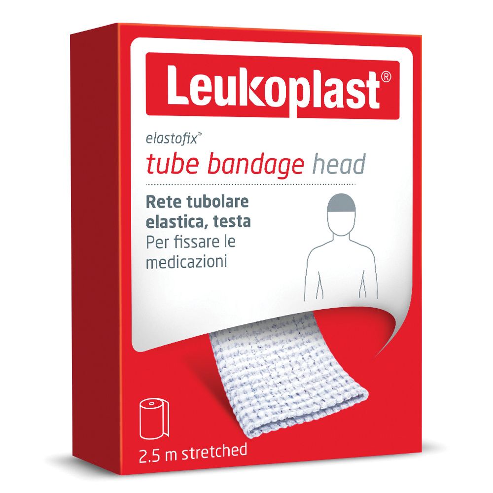 Confezione rossa. Leukoplast elastofix tube bandage head. 2,5 m estesi. Benda tubulare bianca che esce.