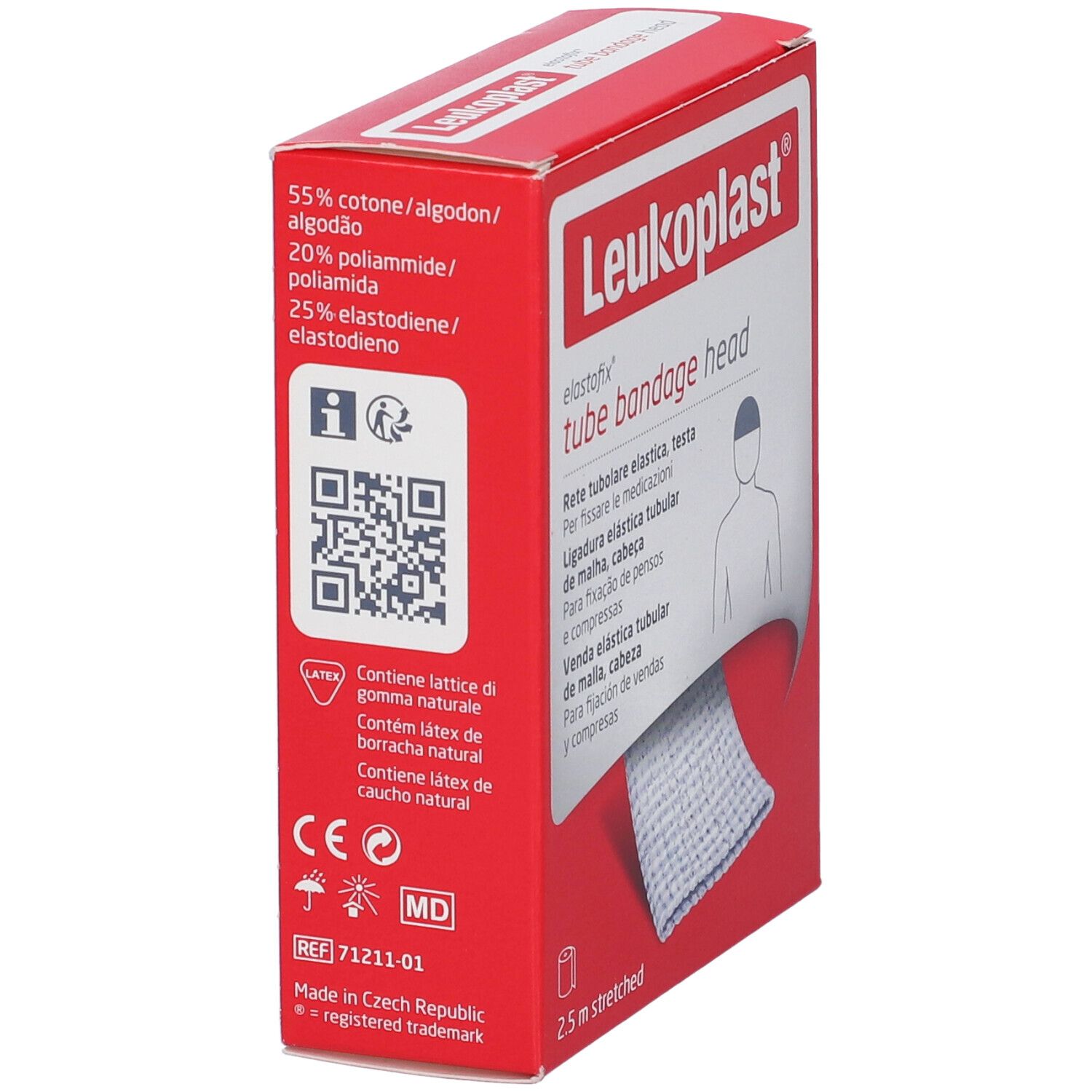 Confezione rossa. Leukoplast elastofix tube bandage head. Contiene cotone, poliammide, elastan. Marchio CE.