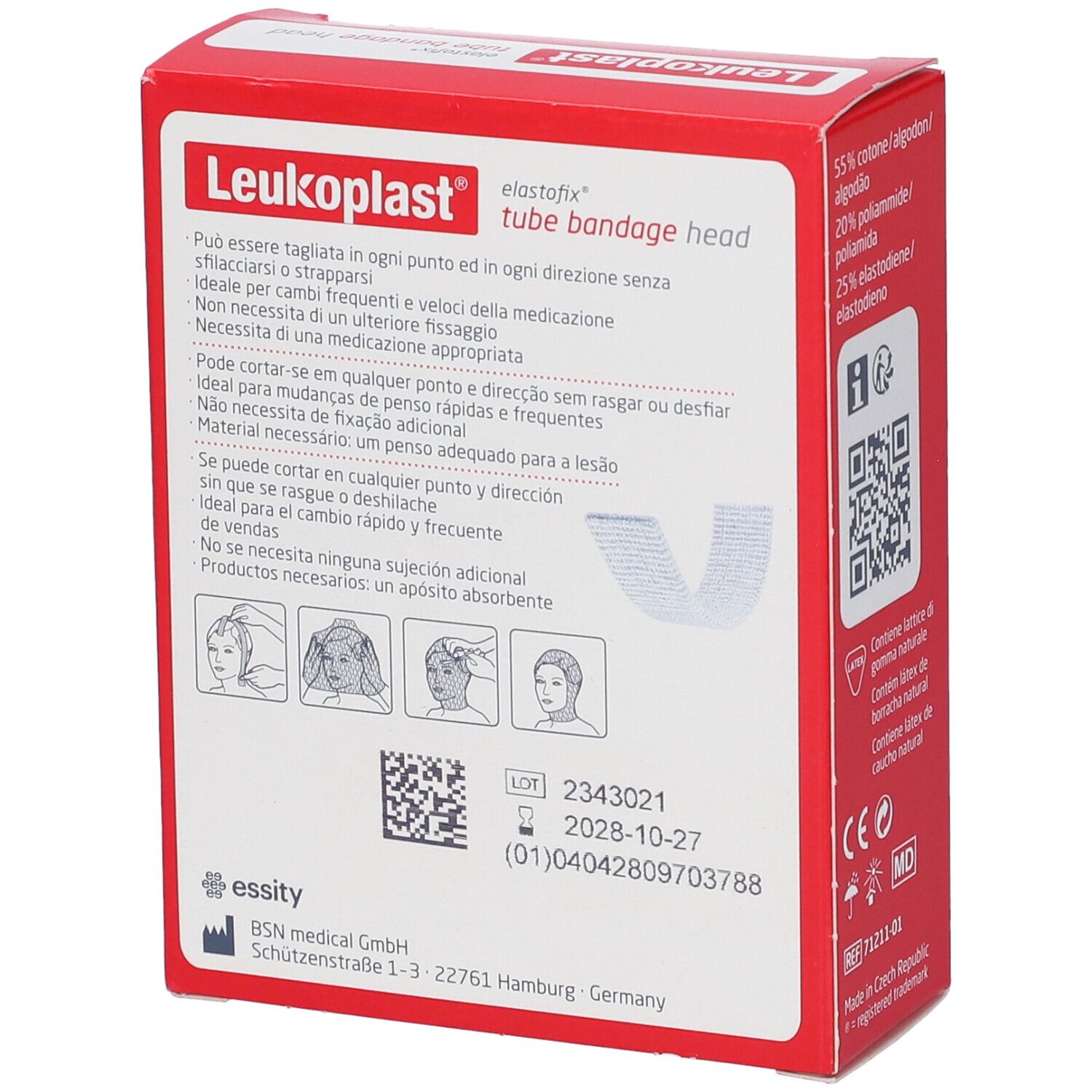 Confezione rossa. Leukoplast elastofix tube bandage head. Informazioni per l'uso. Codice QR e numero di lotto.