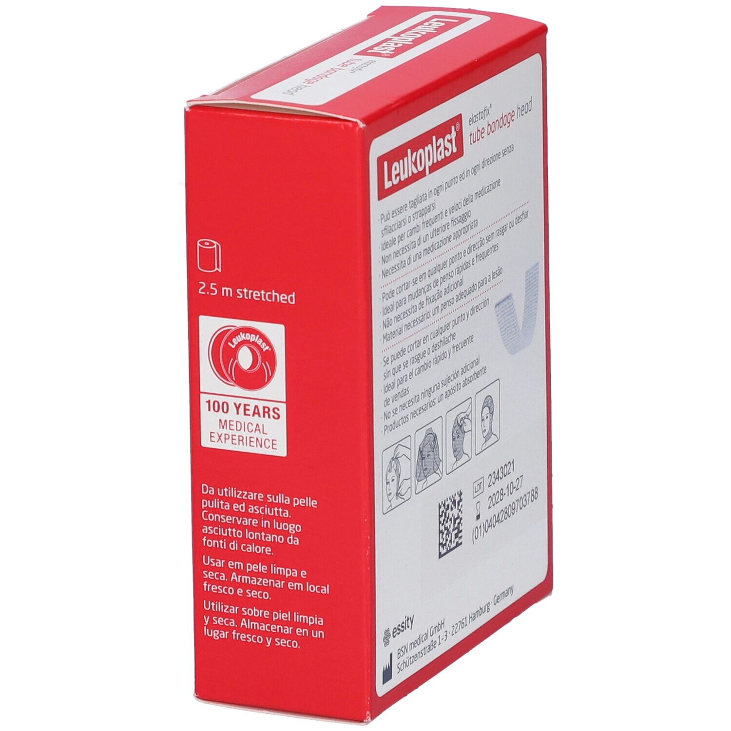 Confezione rossa. Leukoplast elastofix tube bandage head. 2,5 m estesi. Informazioni per l'uso.