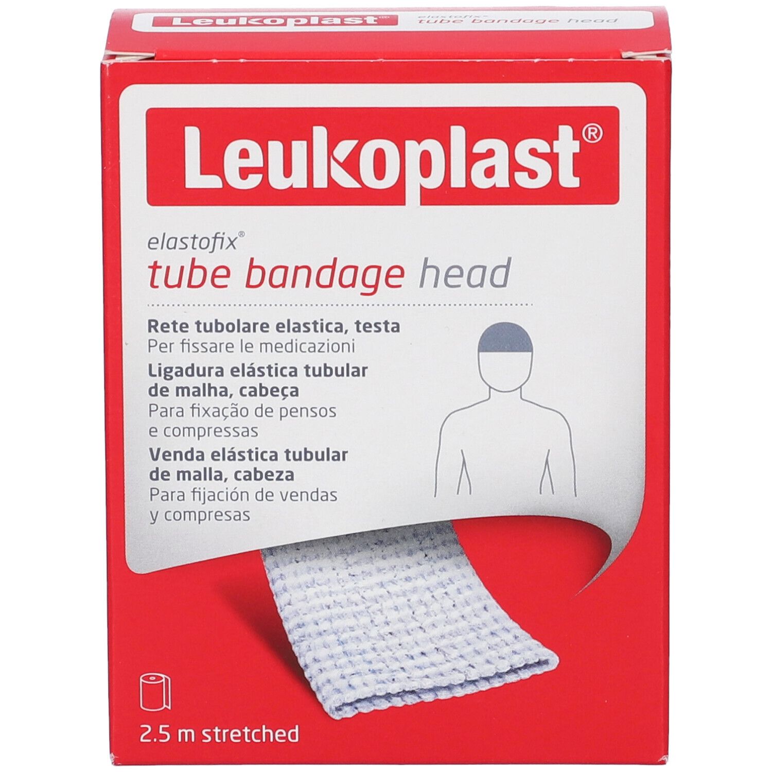 Confezione rossa. Leukoplast elastofix tube bandage head. 2,5 m estesi. Benda tubulare bianca.