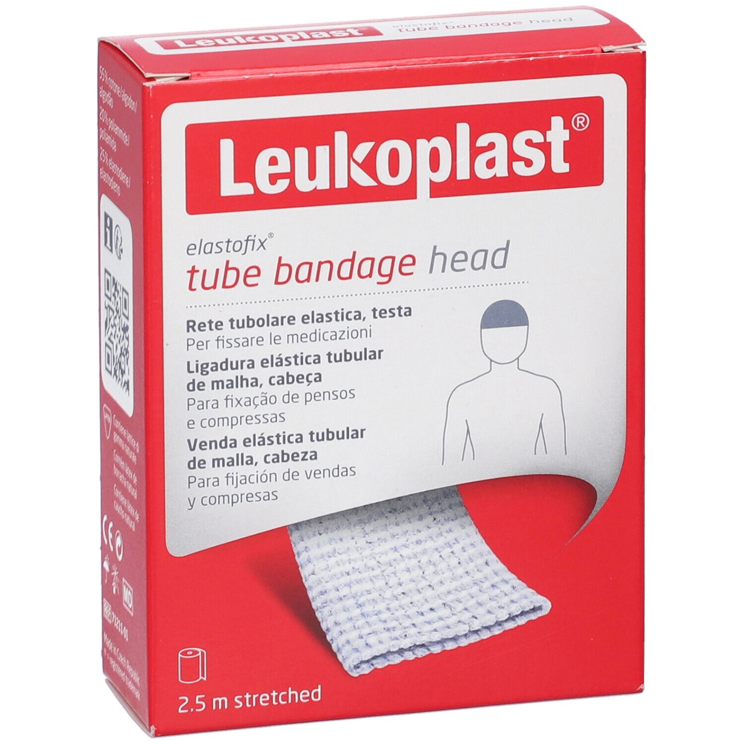 Confezione rossa. Leukoplast elastofix tube bandage head. 2,5 m estesi. Benda tubulare bianca.