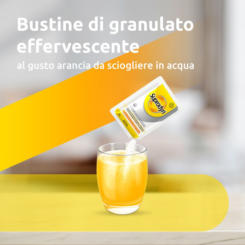 Compresse effervescenti in un bicchiere. Testo: Bustine di granulato effervescente. Sfondo giallo.
