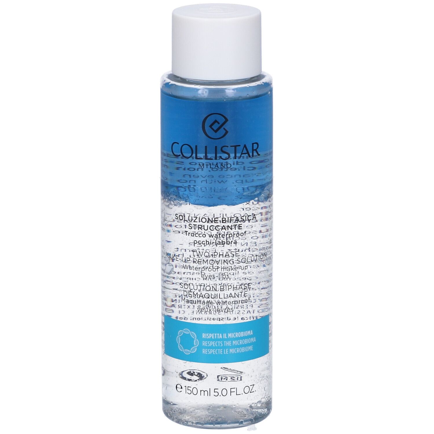 Struccante bifasico Collistar. Flacone con contenuto blu e trasparente. Tappo bianco. Testo in italiano.