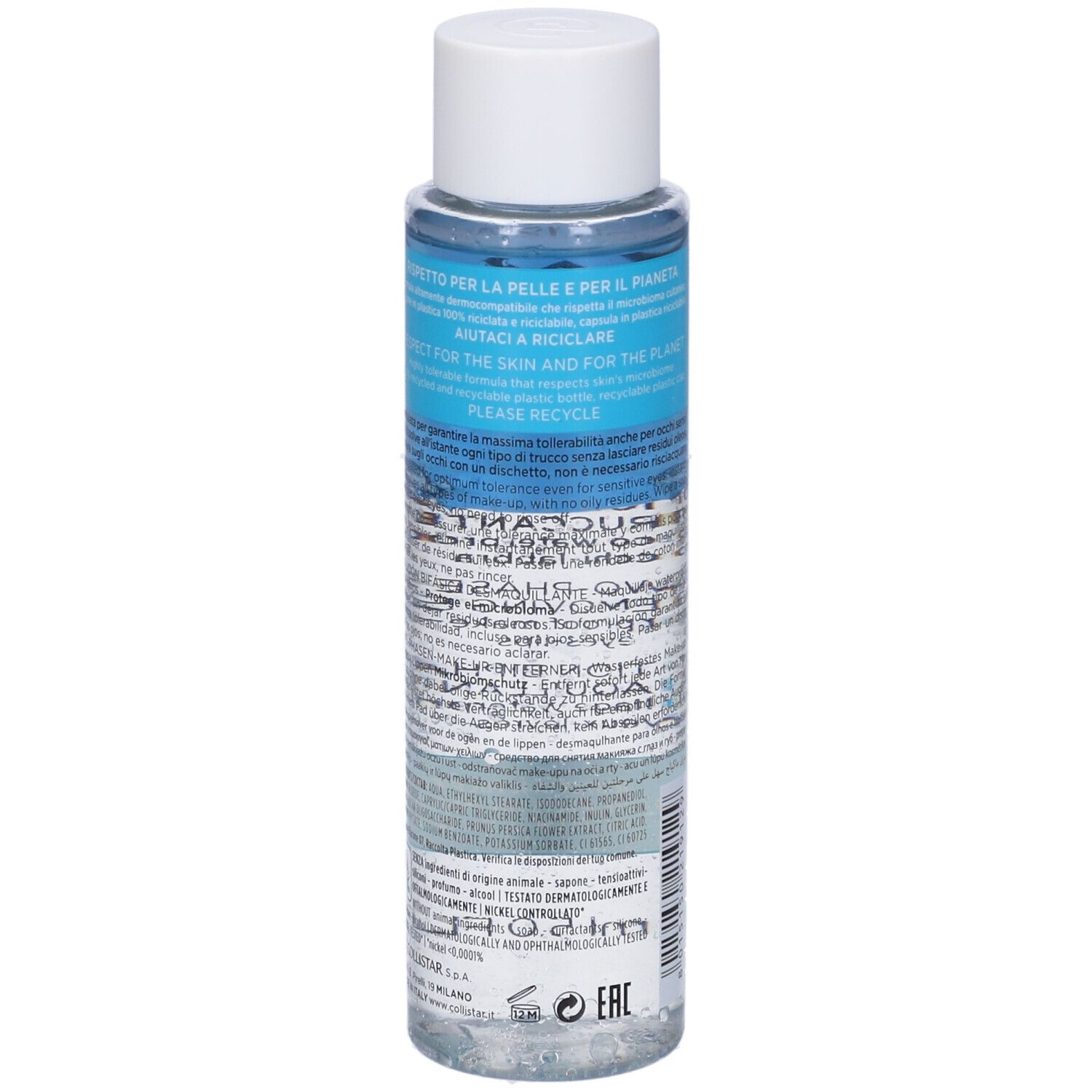 Retro del flacone di struccante Collistar. Liquido blu e trasparente. Tappo bianco. Testo in italiano.