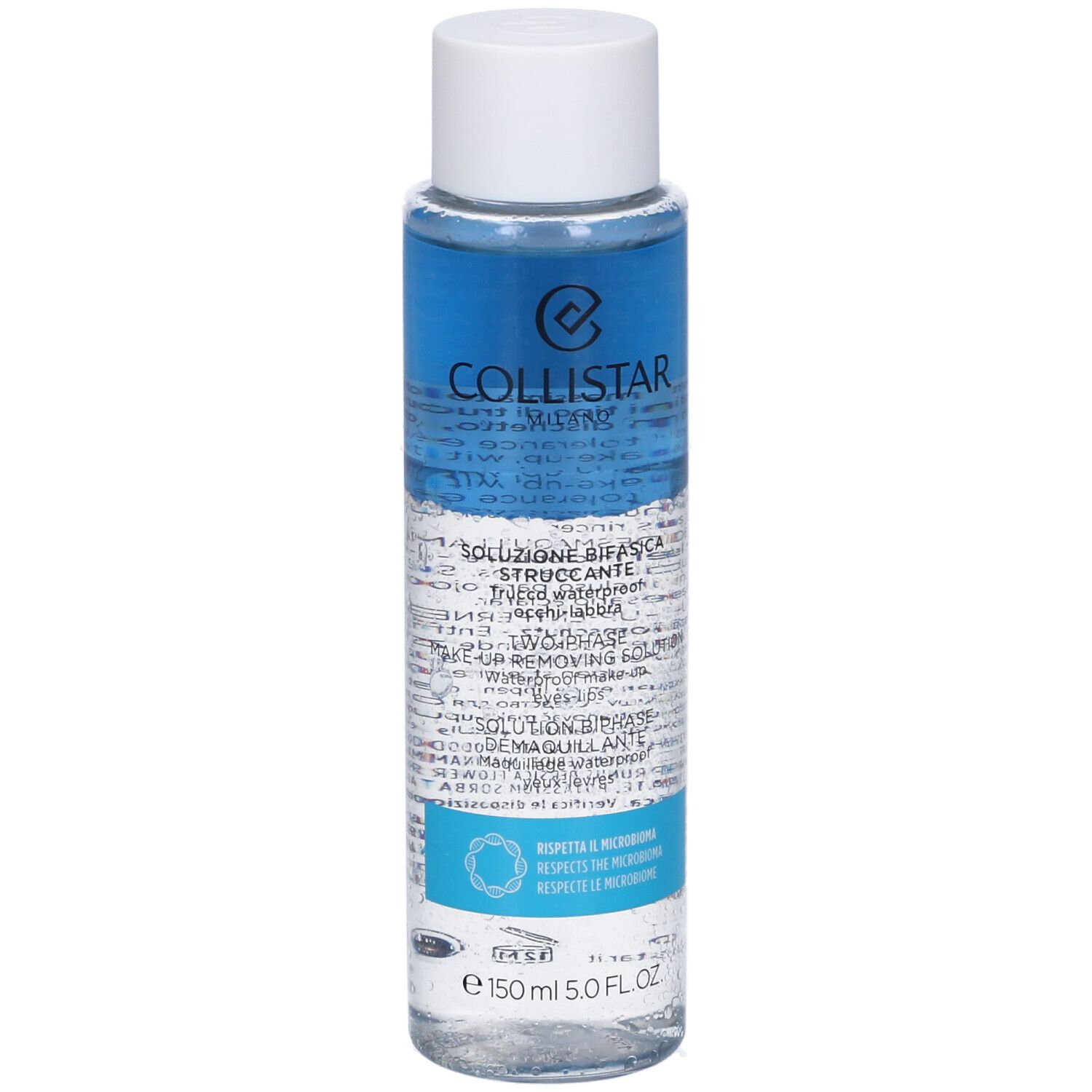 Struccante bifasico Collistar. Flacone con contenuto blu e trasparente. Tappo bianco. Testo in italiano.