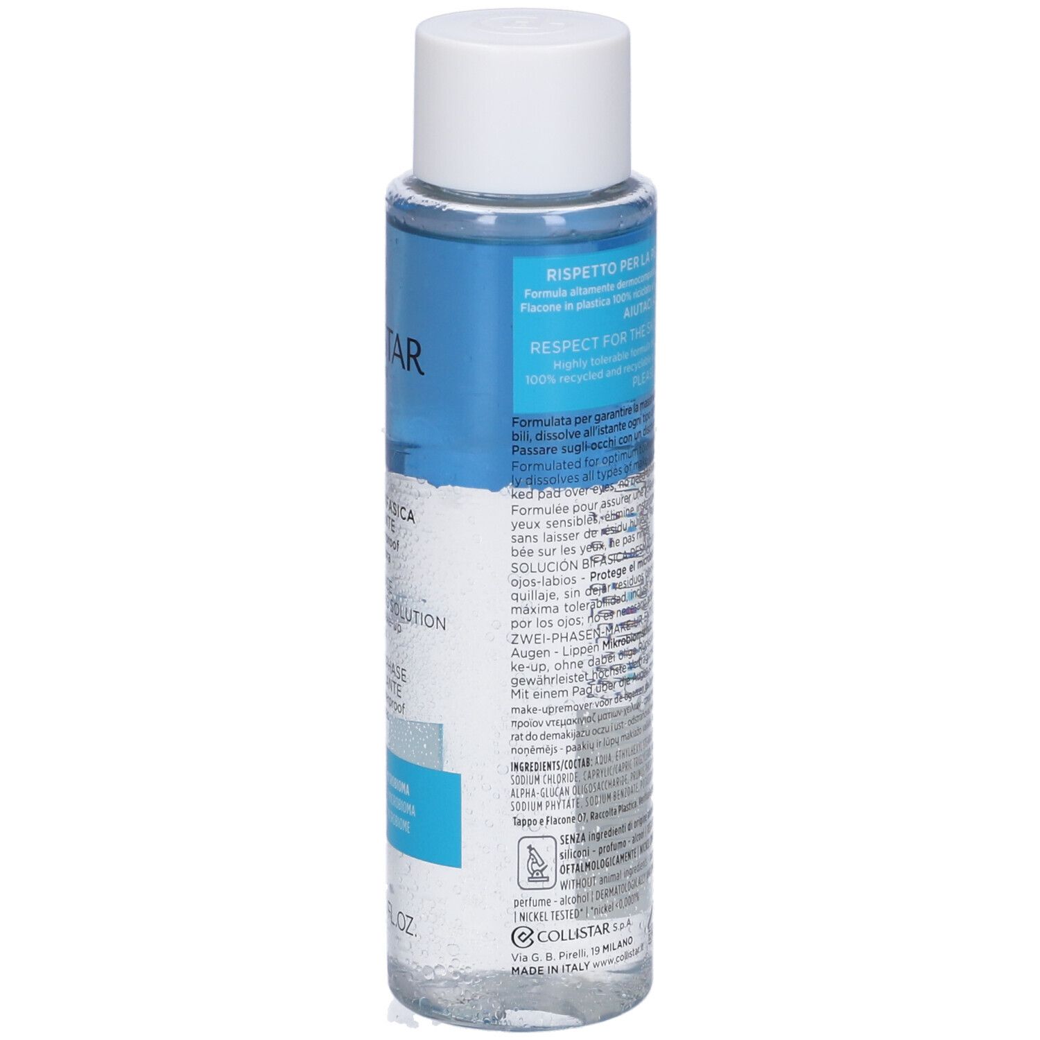 Lato del flacone di struccante Collistar. Liquido blu e trasparente. Tappo bianco. Testo in italiano.