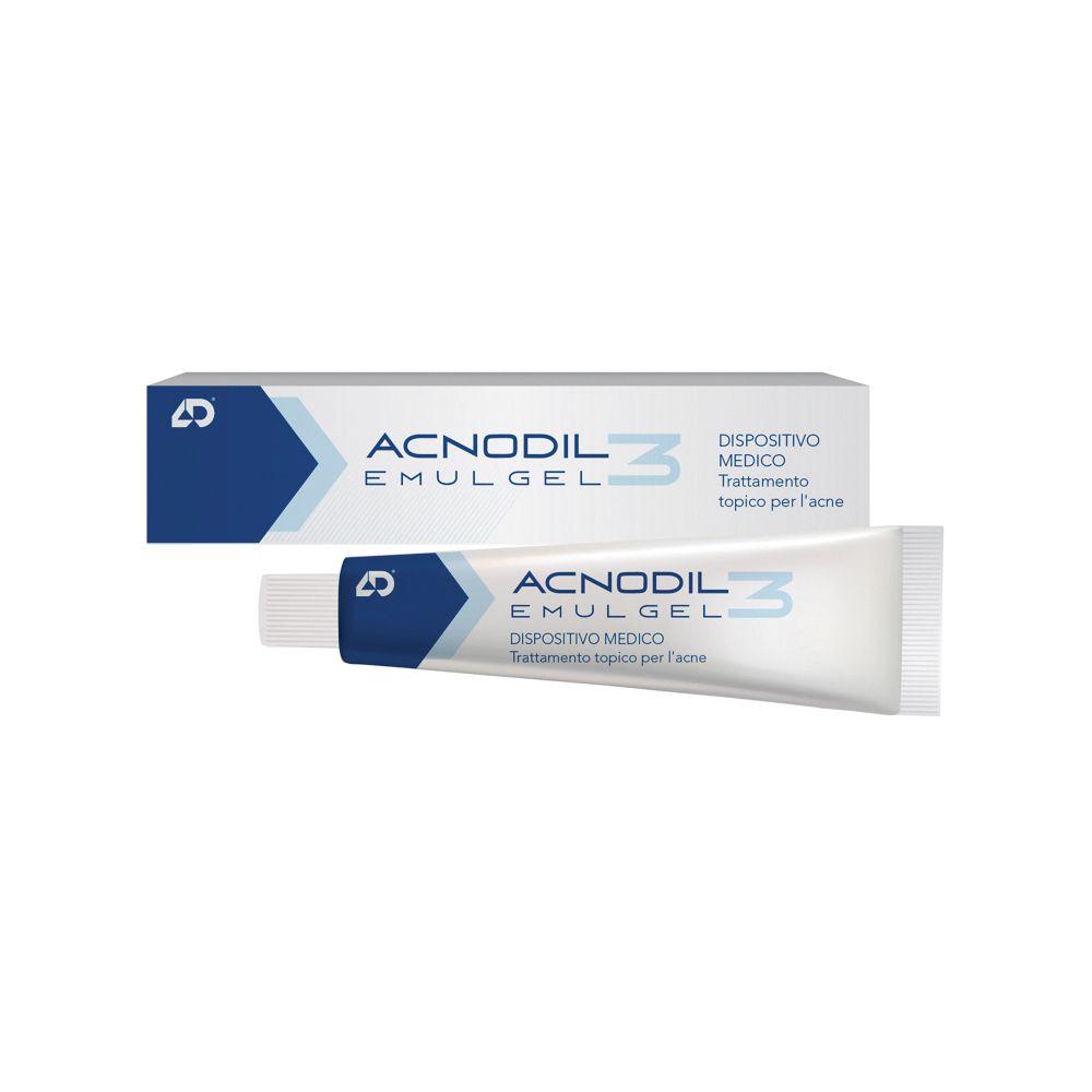 Tubo e confezione di Acnodil 3 Emulgel. Bianco, blu. Testo: Acnodil, Emulgel, Dispositivo Medico, Trattamento topico per l'acne.