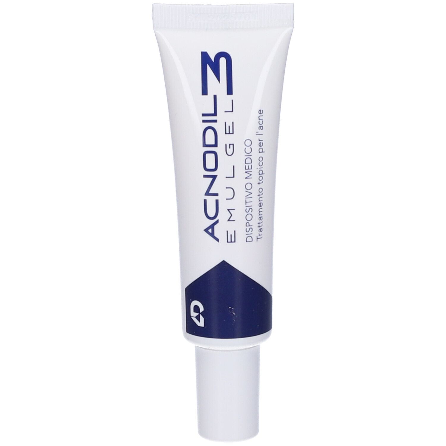 Tubo Acnodil 3 Emulgel. Bianco, blu. Testo: Acnodil, Emulgel, Dispositivo Medico, Trattamento topico per l'acne.