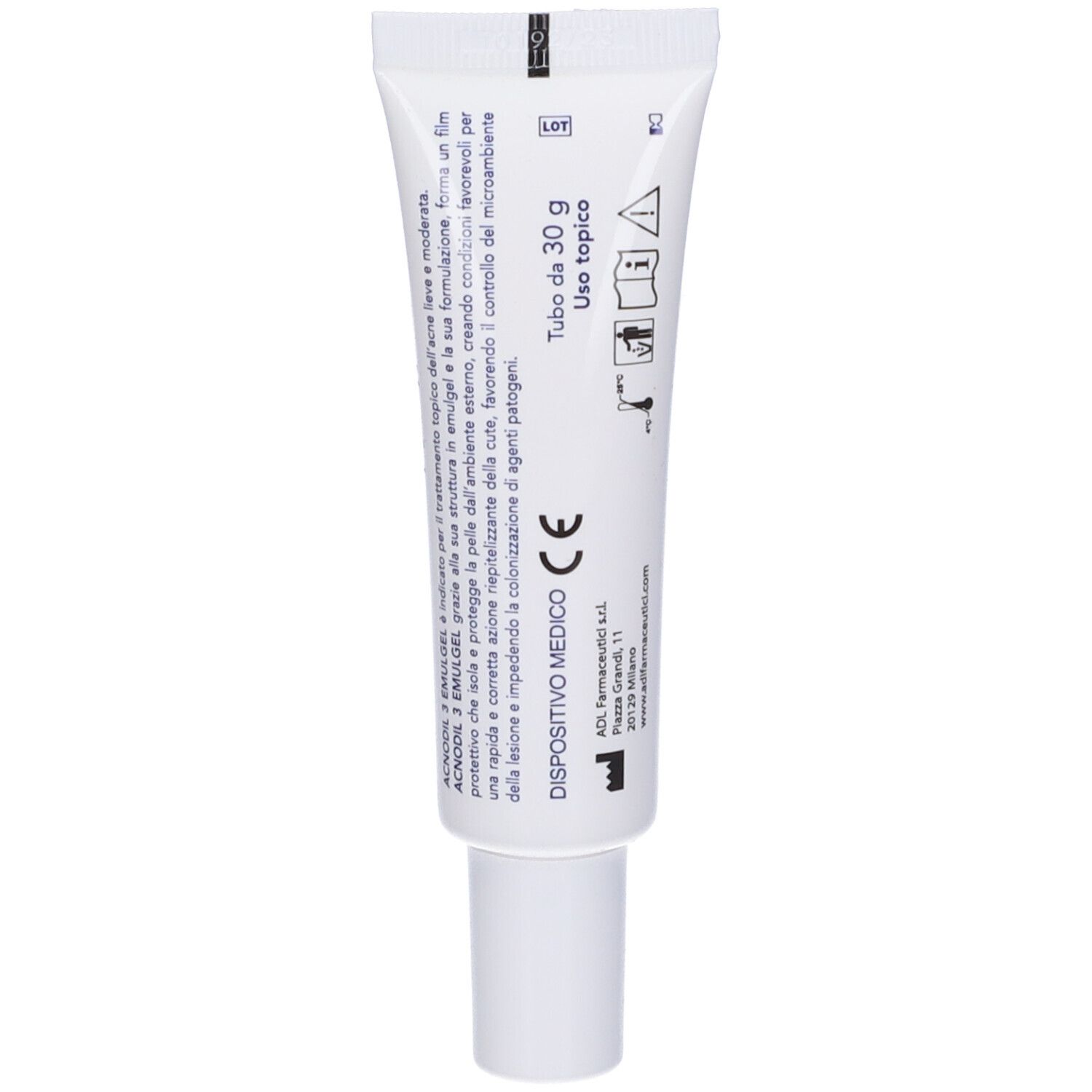 Retro del tubo Acnodil 3 Emulgel. Bianco. Testo: Tubo da 30 g, Uso topico, marchio CE.