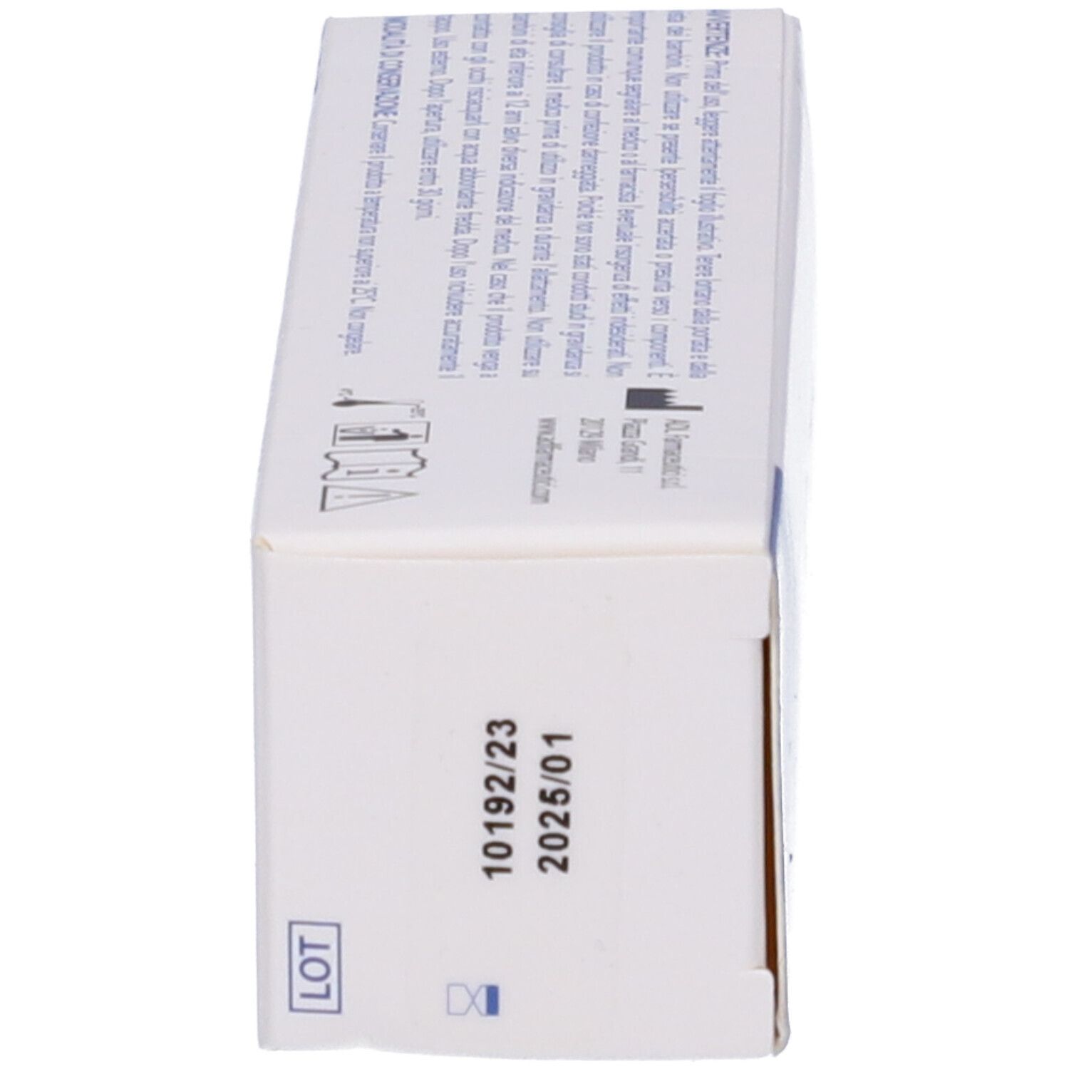 Confezione Acnodil 3 Emulgel. Lato. Testo: 10192/23, 2025/01.
