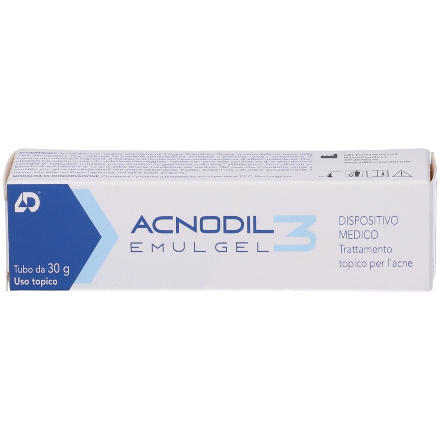 Confezione Acnodil 3 Emulgel. Bianco, blu. Testo: Acnodil, Emulgel, Dispositivo Medico, Trattamento topico per l'acne.