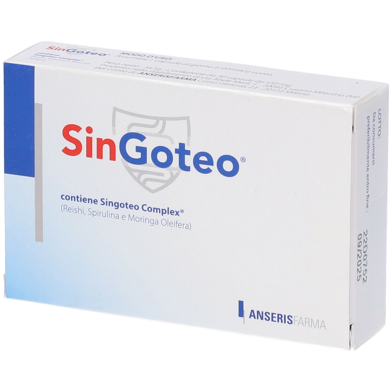 Scatola bianca con logo rosso 'SinGoteo'. Contiene 'SinGoteo Complex'. Marchio: Anseris Farma.