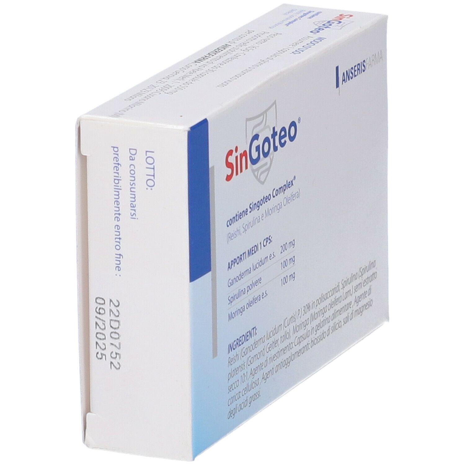 Scatola bianca con logo rosso 'SinGoteo'. Contiene 'SinGoteo Complex'. Marchio: Anseris Farma. Elenco ingredienti.