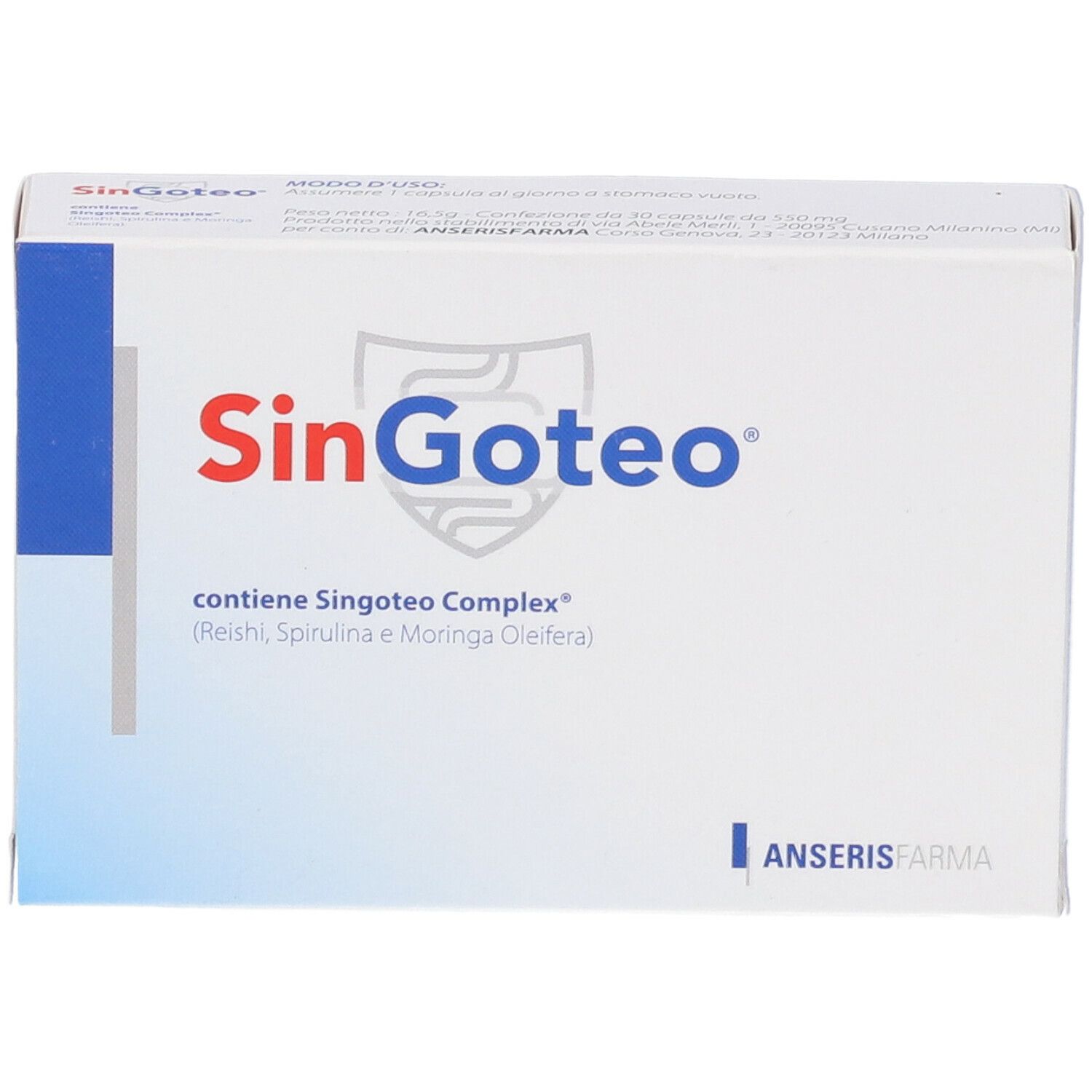Scatola bianca con logo rosso 'SinGoteo'. Contiene 'SinGoteo Complex'. Marchio: Anseris Farma.