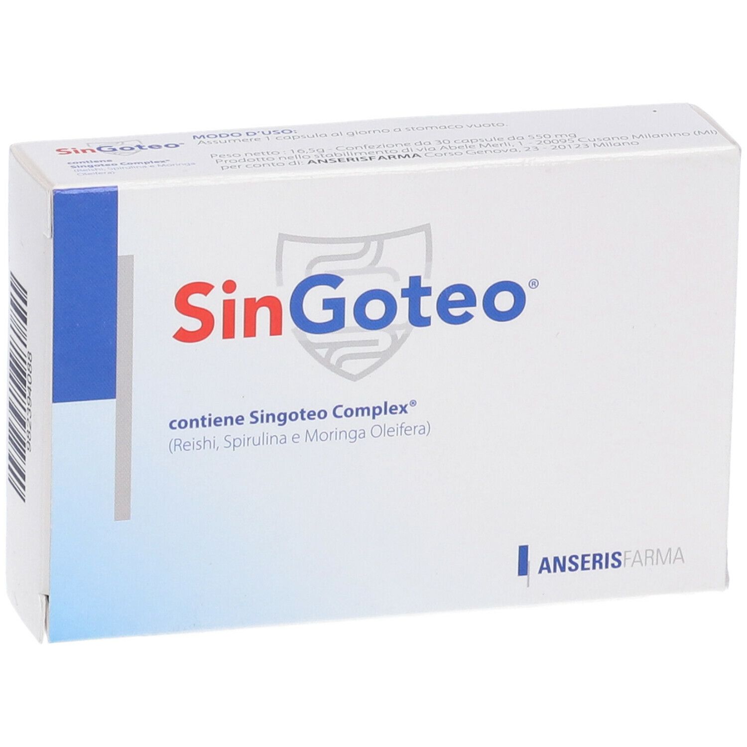 Scatola bianca con logo rosso 'SinGoteo'. Contiene 'SinGoteo Complex'. Marchio: Anseris Farma.