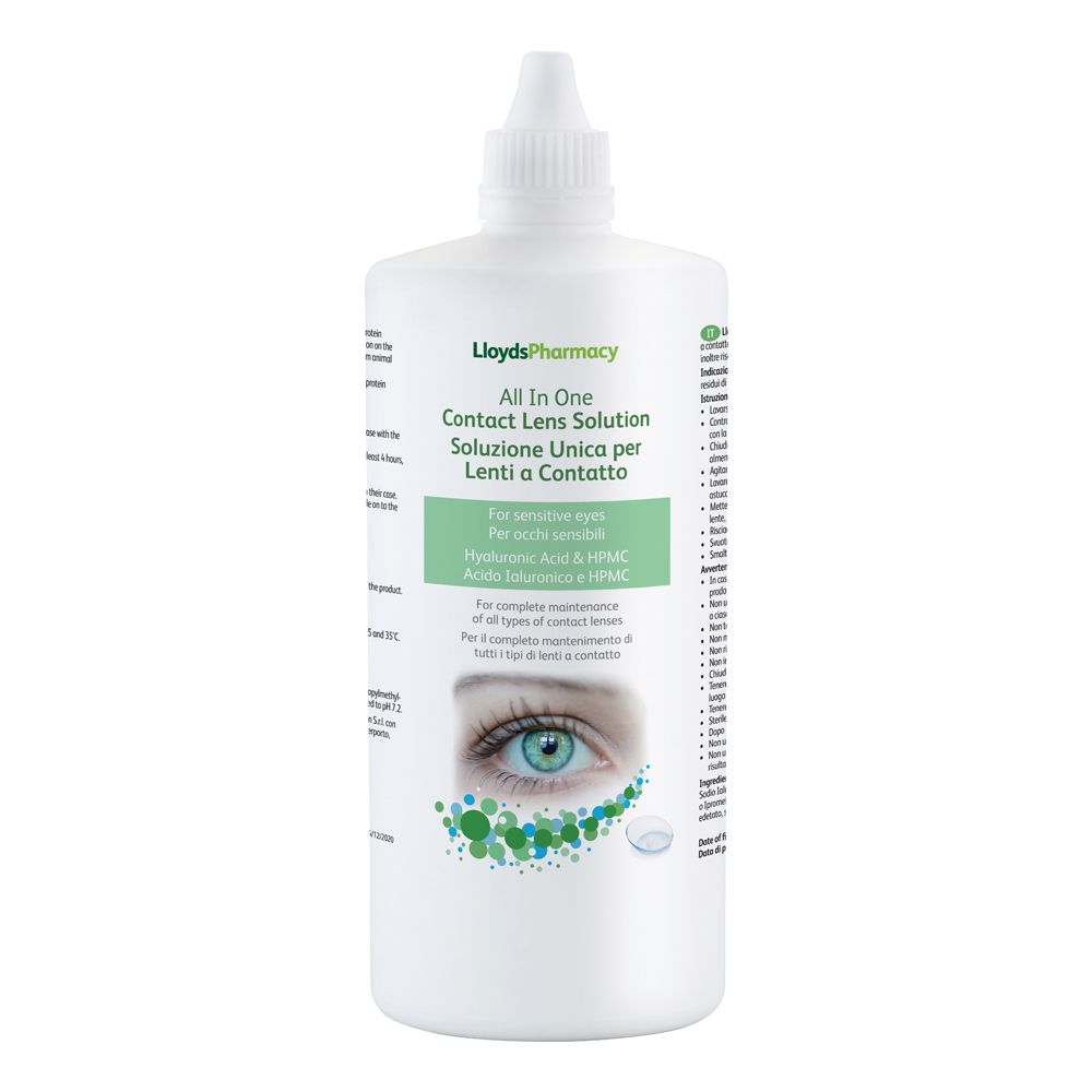 Flacone bianco di soluzione per lenti a contatto. Scritta: LloydsPharmacy All In One Contact Lens Solution.