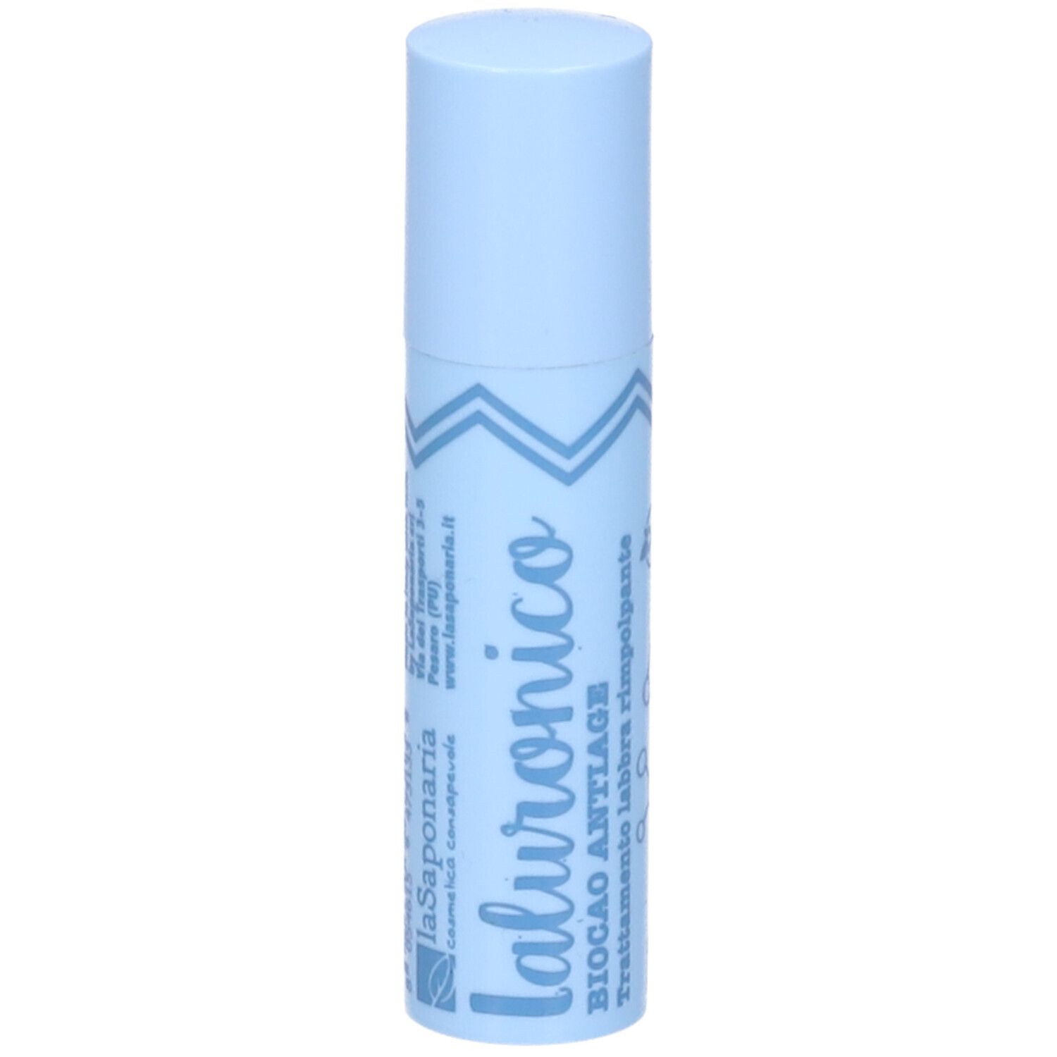 Balsamo labbra azzurro con scritte bianche. Scritte: Ialuronico, Biocao Antiage, Trattamento labbra rimpolpante.