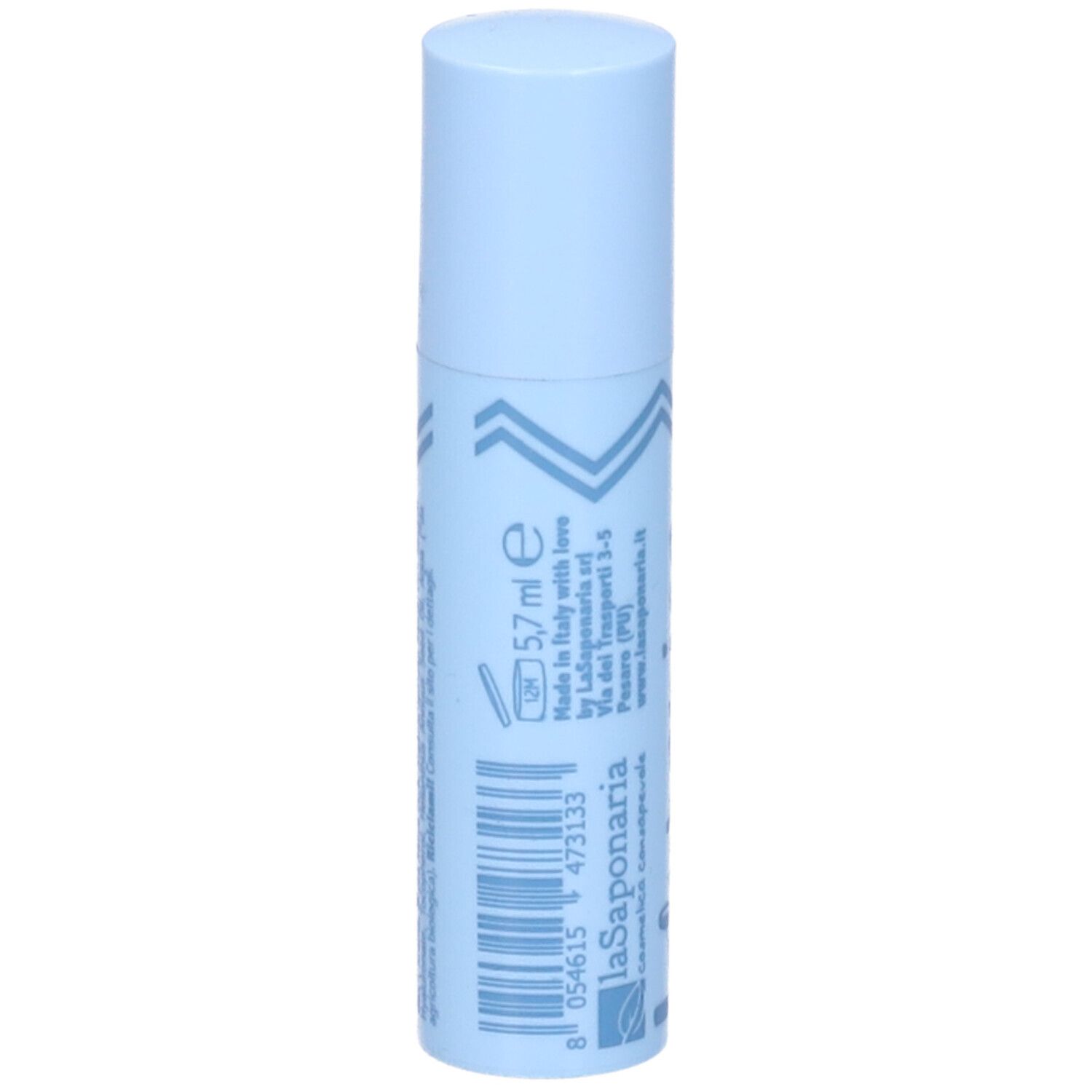 Balsamo labbra azzurro. Scritte: 5,7 ml, codice a barre, laSaponaria. Made in Italy.