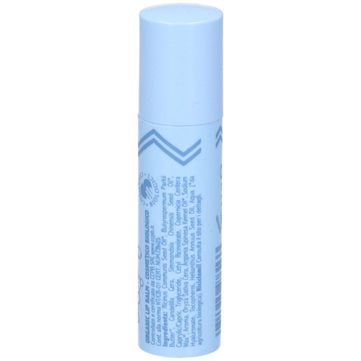 Balsamo labbra azzurro. Scritte: Organic Lip Balm, COSMETICO BIOLOGICO, ingredienti, laSaponaria.