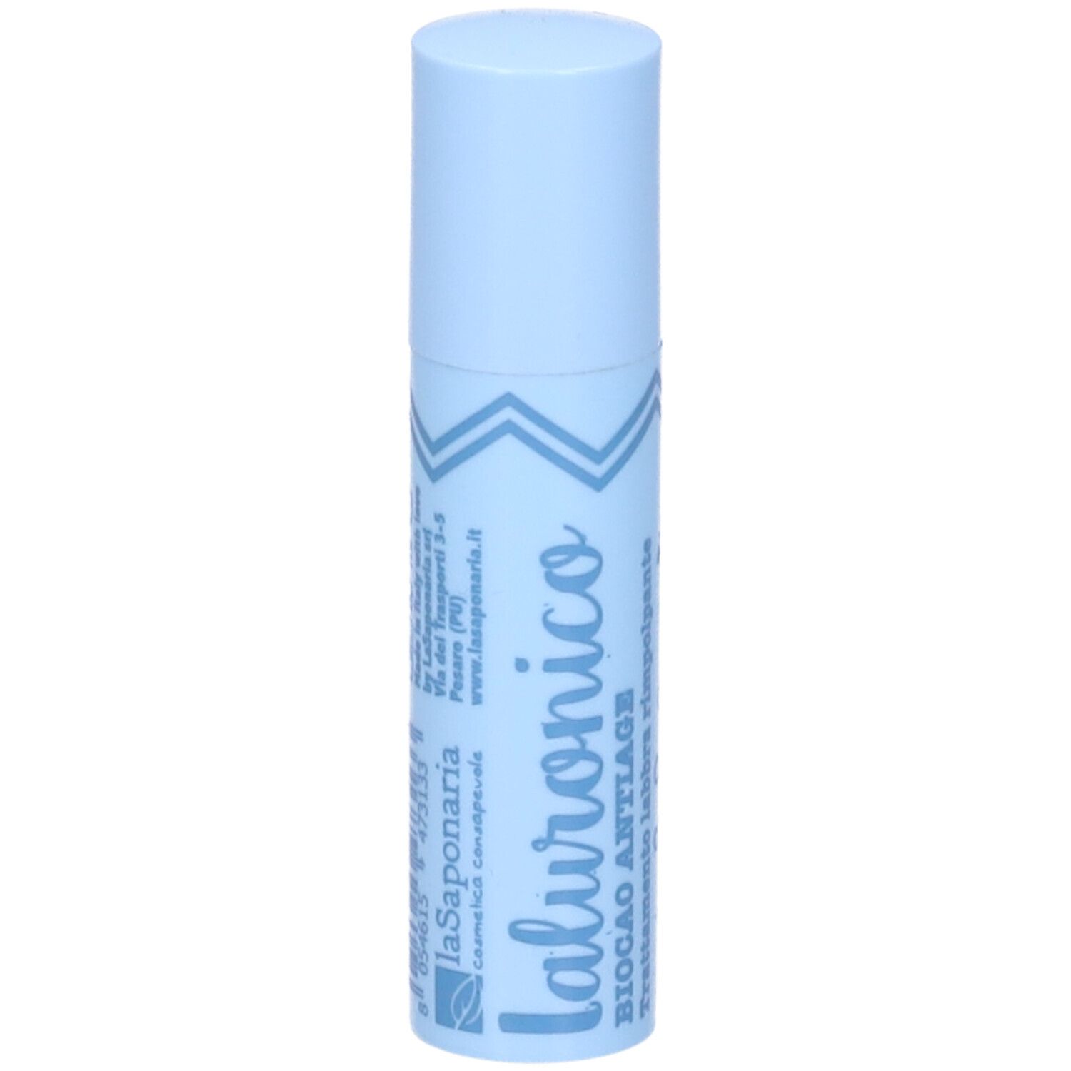 Balsamo labbra azzurro con scritte bianche. Scritte: Ialuronico, Biocao Antiage, Trattamento labbra rimpolpante.