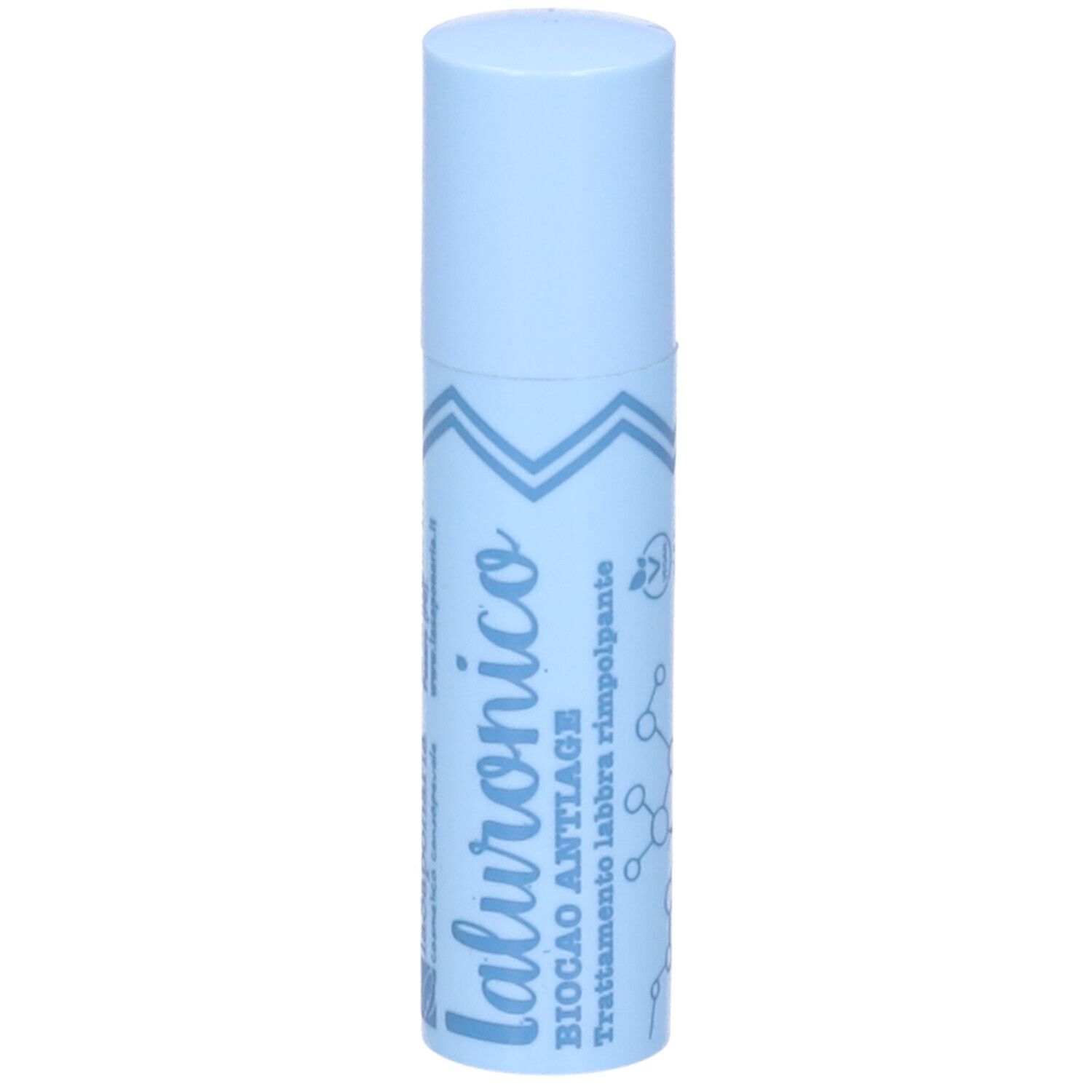 Balsamo labbra azzurro con scritte bianche. Scritte: Ialuronico, Biocao Antiage, Trattamento labbra rimpolpante. Grafica.