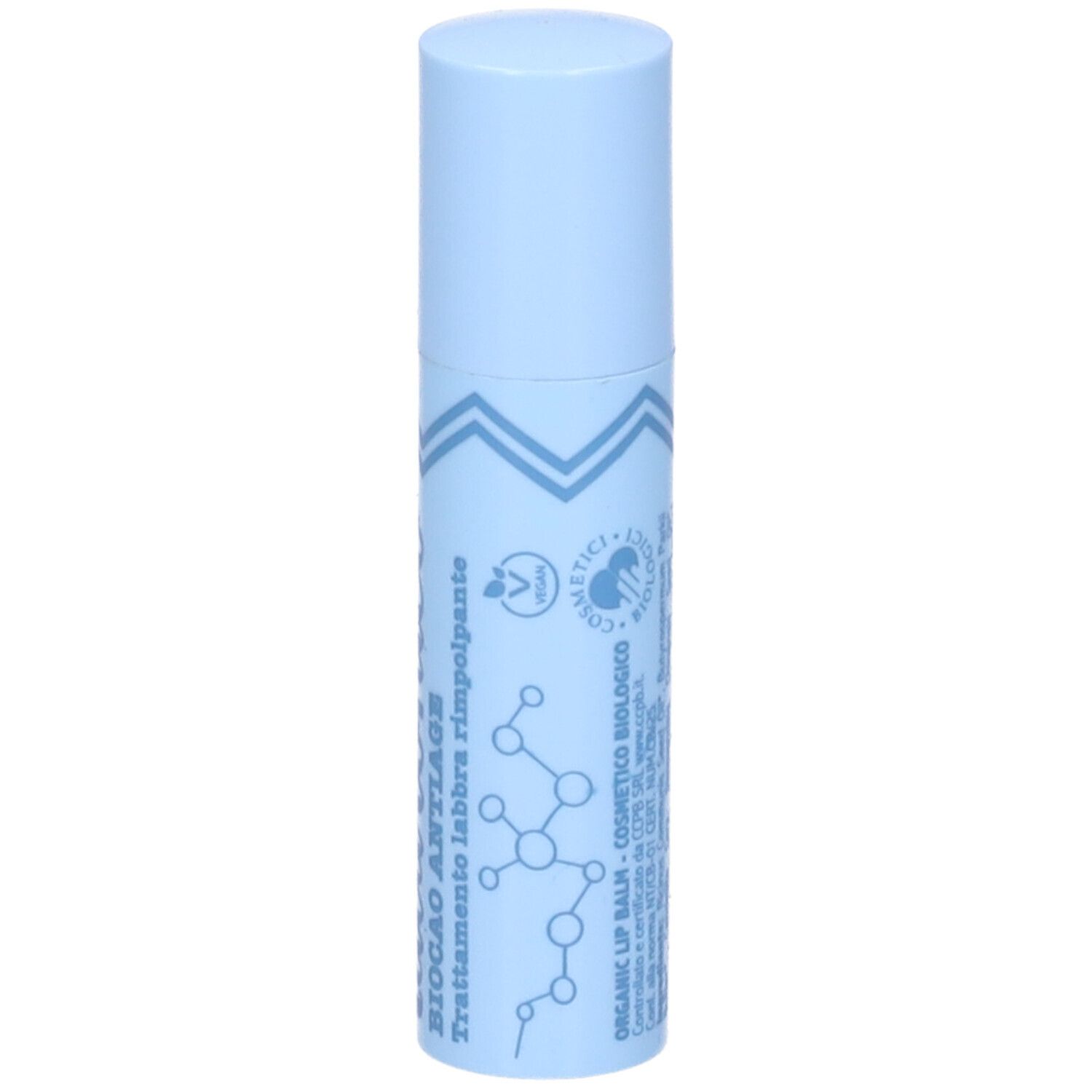 Balsamo labbra azzurro con scritte bianche. Scritte: Ialuronico, Biocao Antiage, Trattamento labbra rimpolpante. Vegano.