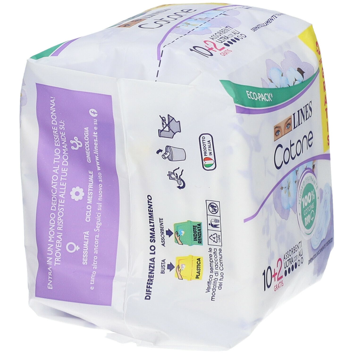 Confezione LINES Cotone Ultra con ali. Informazioni sullo smaltimento. Prodotto in Italia.