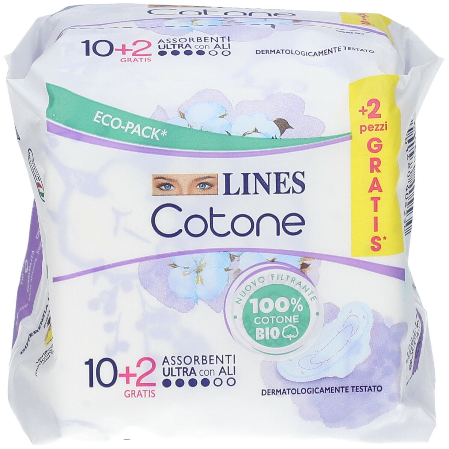 Confezione LINES Cotone Ultra con ali. 10+2 pezzi gratis. Dermatologicamente testato. Eco-Pack.