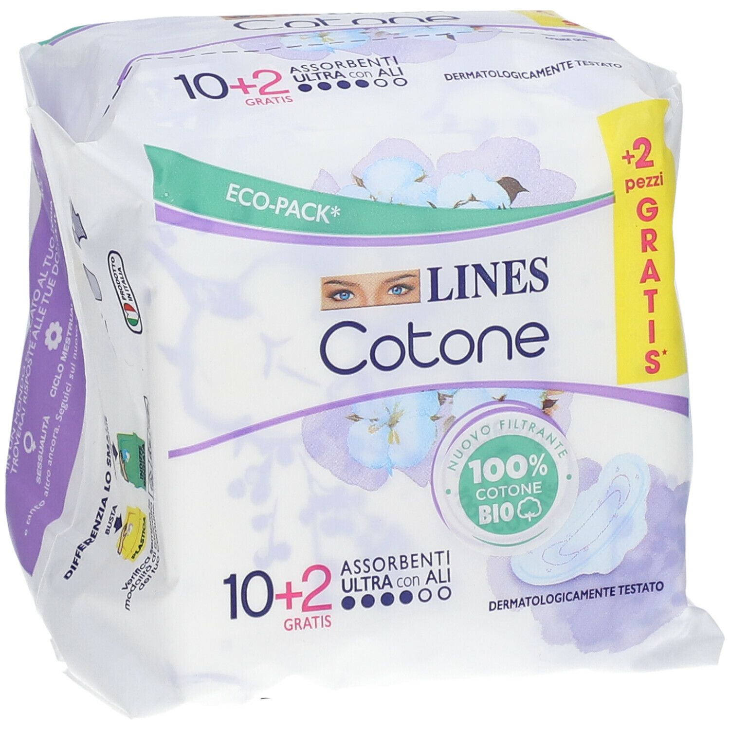 Confezione LINES Cotone Ultra con ali. 10+2 pezzi gratis. Dermatologicamente testato. Eco-Pack.