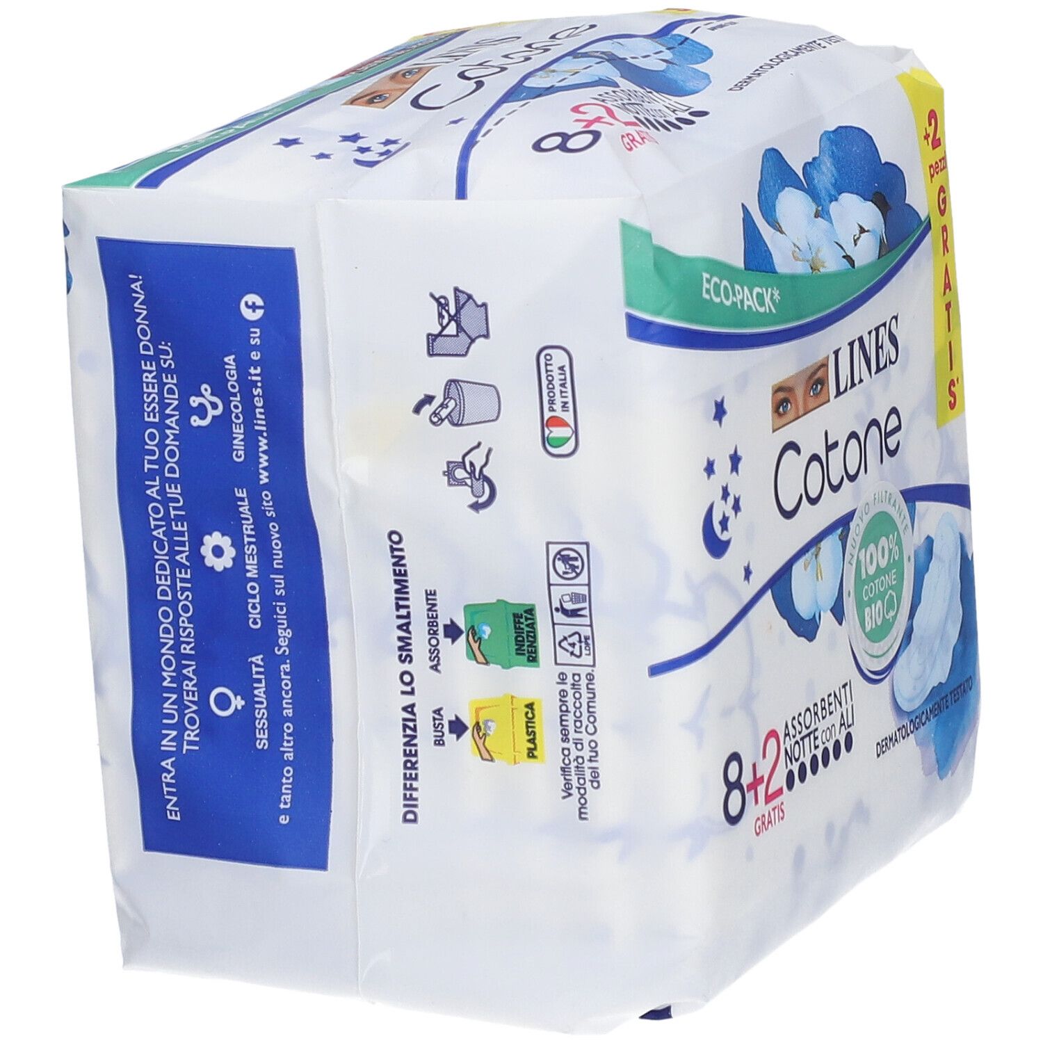 Verpackung von LINES Cotone Assorbenti Notte con Ali. Seitenansicht. Mit Recycling-Symbolen. Eco-Pack.