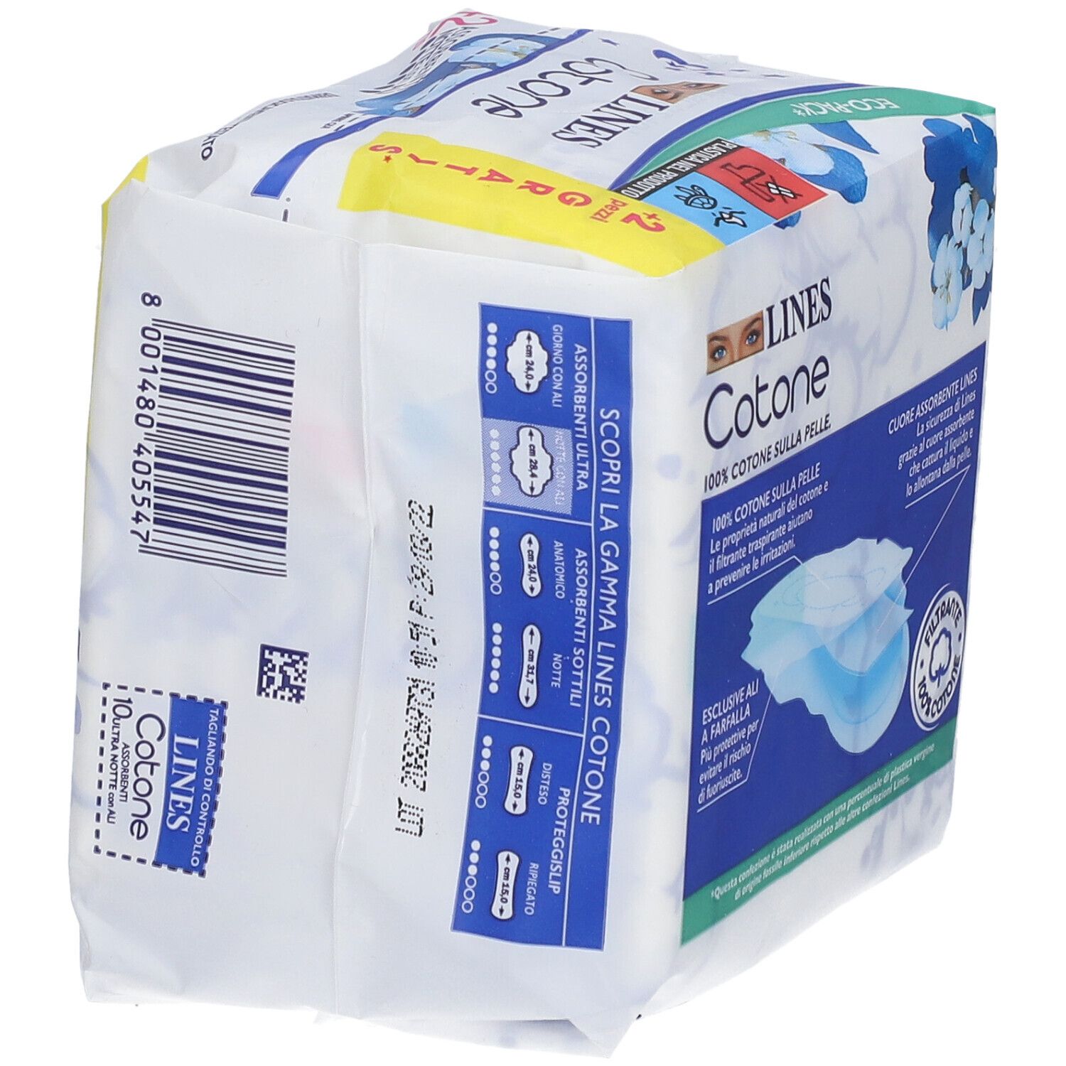 Verpackung von LINES Cotone Assorbenti Notte con Ali. Rückseite. Mit Produktinformationen und Chargennummer.
