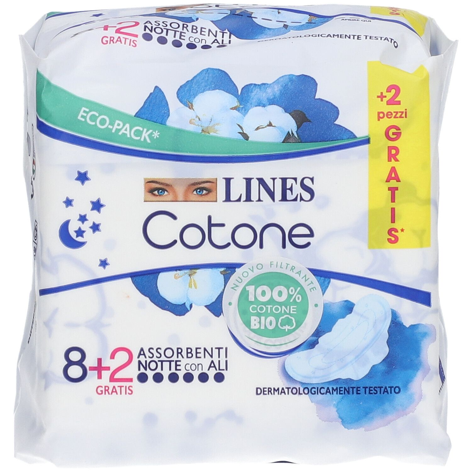 Verpackung von LINES Cotone Assorbenti Notte con Ali. 8+2 Stück. Mit Flügeln. Dermatologisch getestet. Eco-Pack.