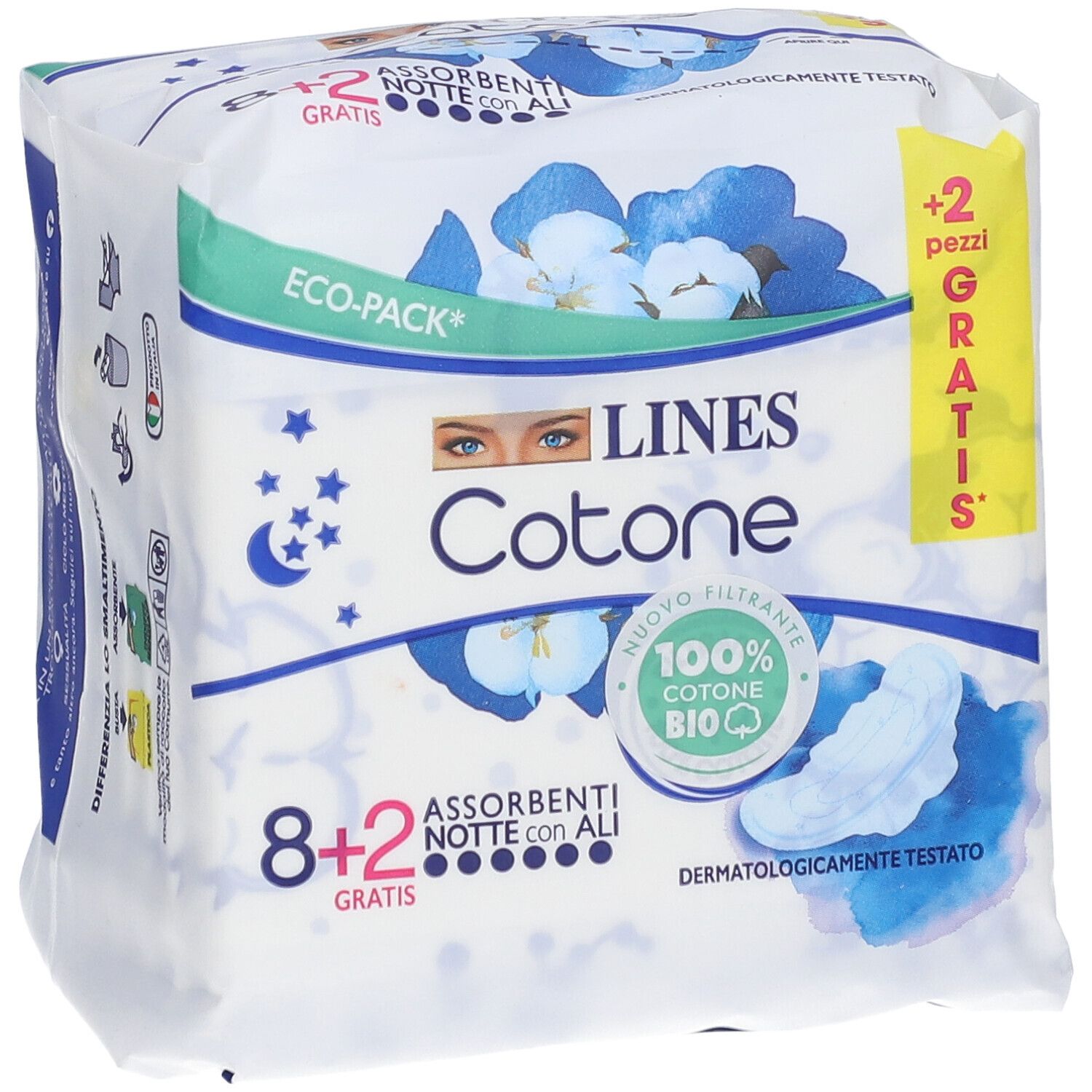 Verpackung von LINES Cotone Assorbenti Notte con Ali. 8+2 Stück. Mit Flügeln. Dermatologisch getestet. Eco-Pack.