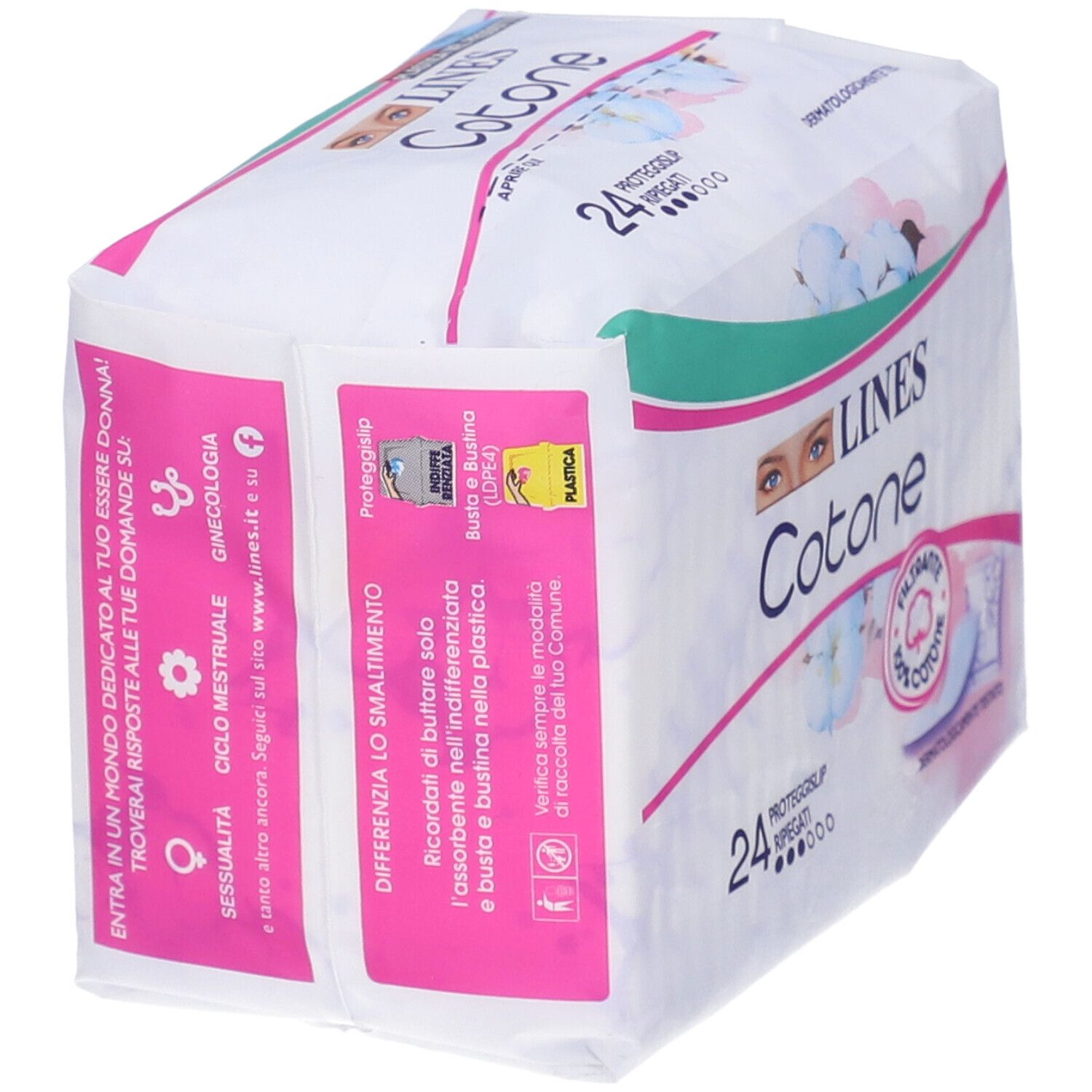 Verpackung von LINES Cotone Proteggislip. Rückseite mit Barcode und Recycling-Symbolen. Text '24 Proteggislip ripiegati'.