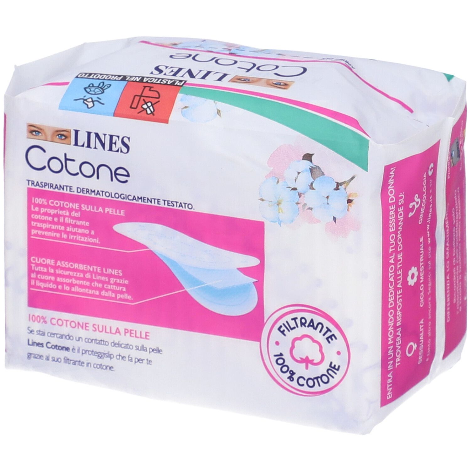 Verpackung von LINES Cotone Proteggislip. Vorderseite mit Text '100% Cotone sulla pelle' und 'Dermatologisch getestet'.