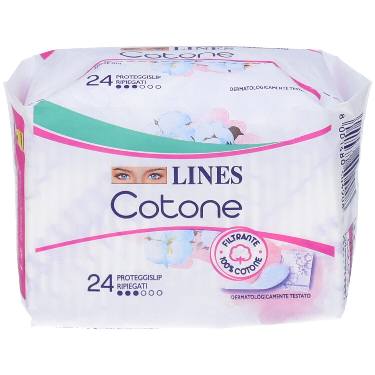 Verpackung von LINES Cotone Proteggislip. 22+2 Stück. Mit Aufdruck '100% Cotone' und 'Dermatologisch getestet'.