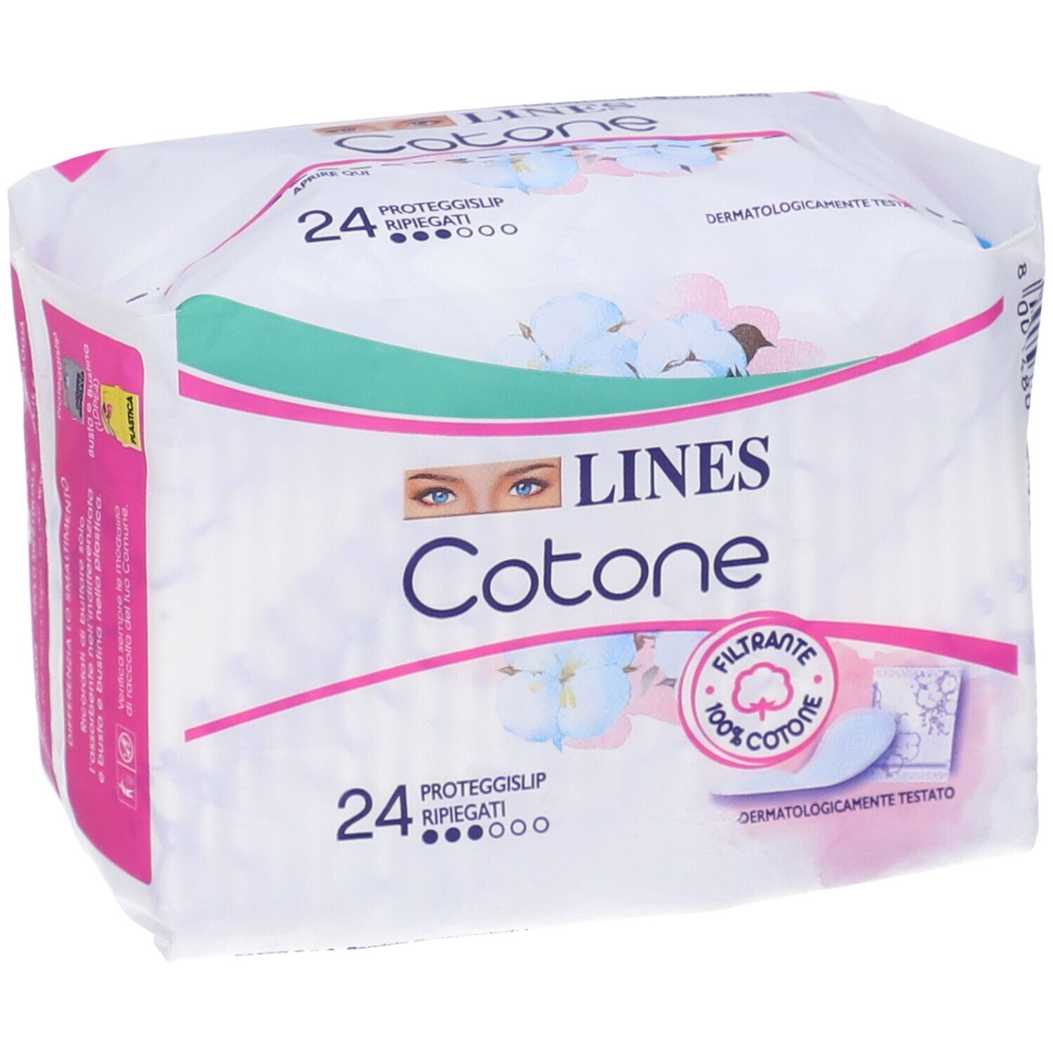 Verpackung von LINES Cotone Proteggislip. 22+2 Stück. Mit Aufdruck '100% Cotone' und 'Dermatologisch getestet'.