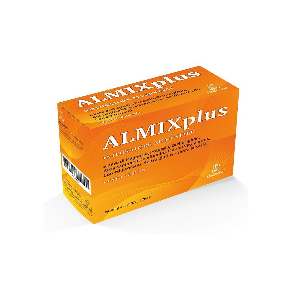 Scatola arancione con nome del prodotto e ingredienti. 20 stick pack. Marca: Almix Plus.