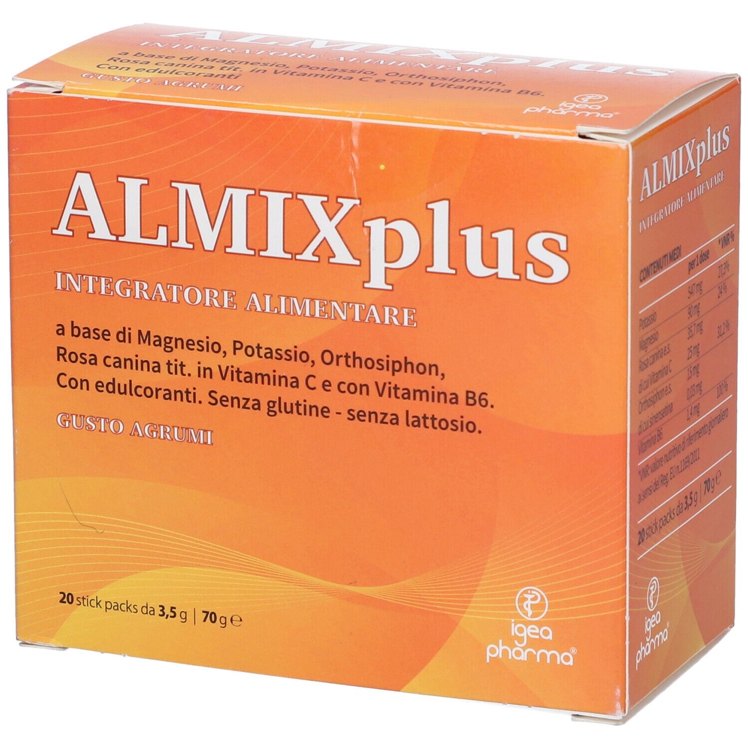 Scatola arancione con nome del prodotto e ingredienti. 20 stick pack. Marca: Almix Plus.