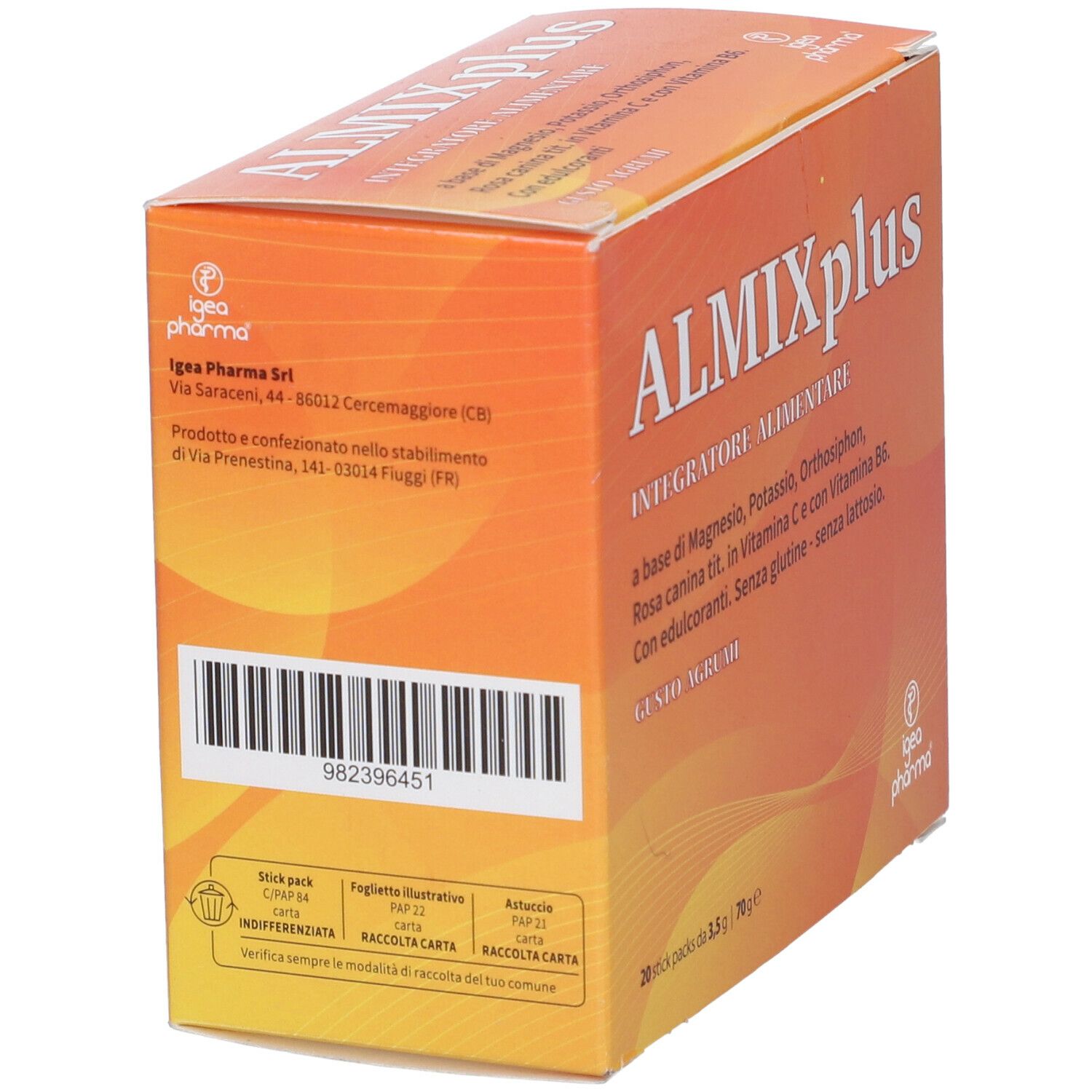Scatola arancione con nome del prodotto e ingredienti. 20 stick pack. Marca: Almix Plus.